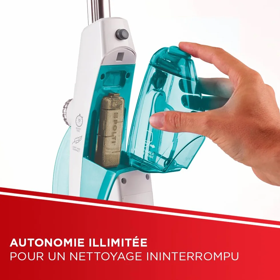 Polti Vaporetto SV450 Double Balai Vapeur 2-en-1 13 Accessoires Réservoir 0,3 L Bleu Clair Blanc