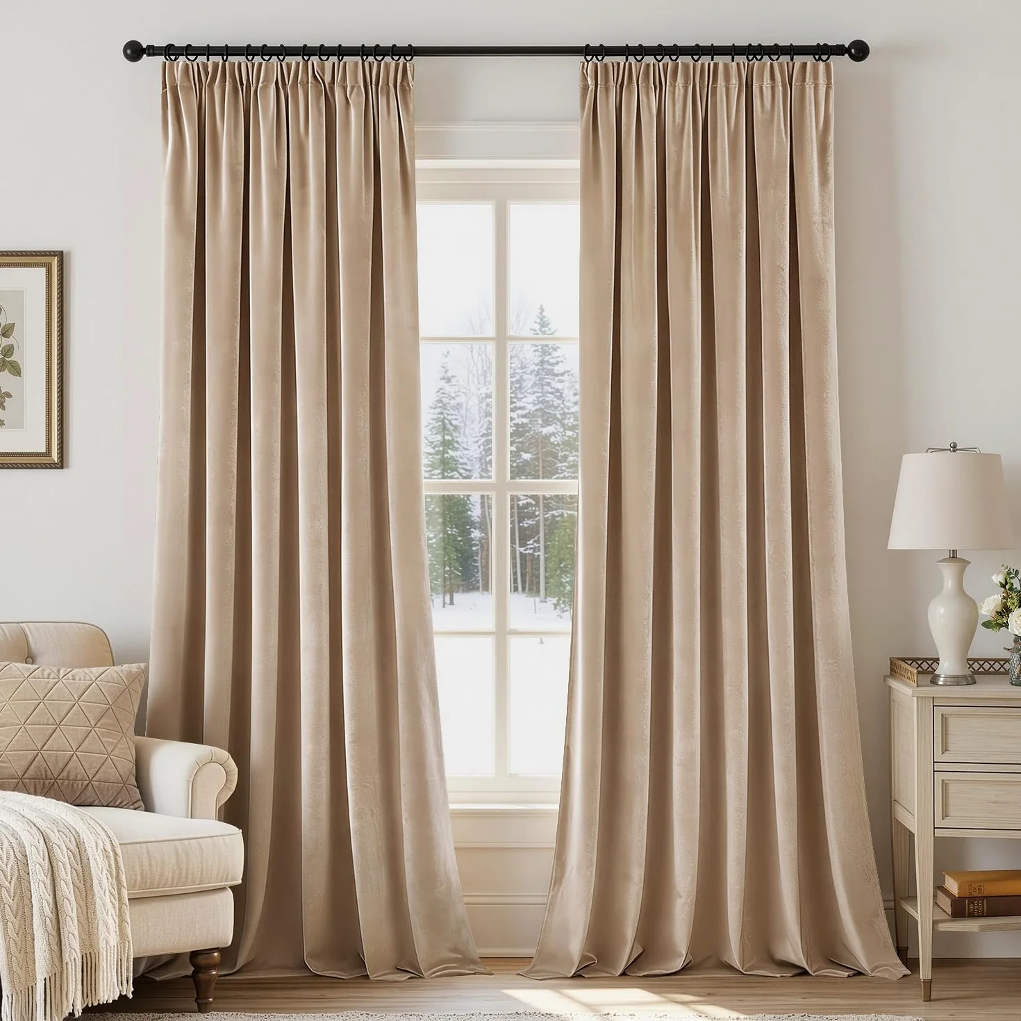 Woaboy Rideaux à Cordon Isolants en Velours 140x245 cm Beige | Rideaux Modernes Semi-Occultants pour Salon et Chambre à Coucher Rideau épais en Satin Thermique