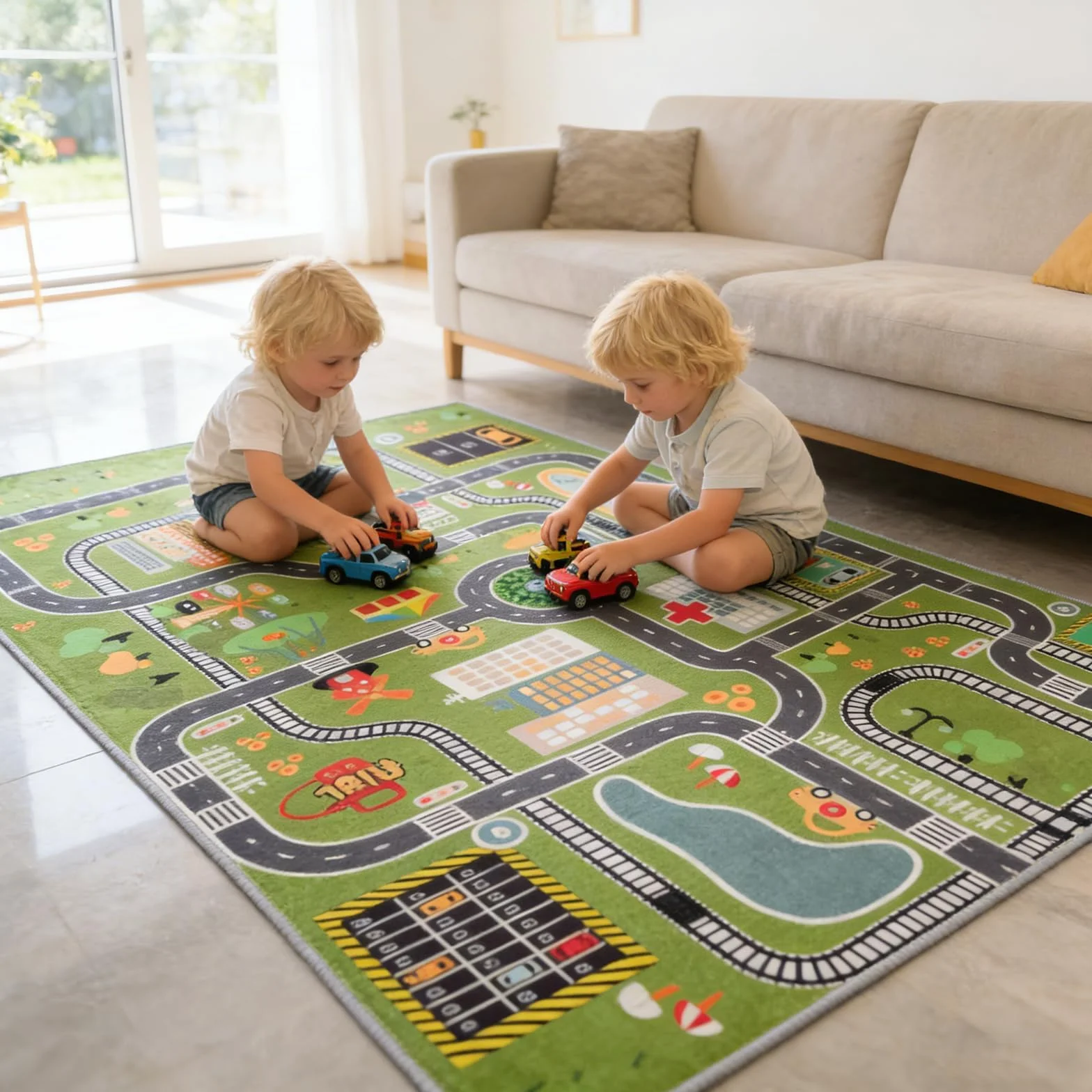 Tapis de Jeu éducatif Plan de Ville, Sol épais rembourré pour Chambre de garçon, Apprentissage interactif avec stationnement et Panneaux de signalisation