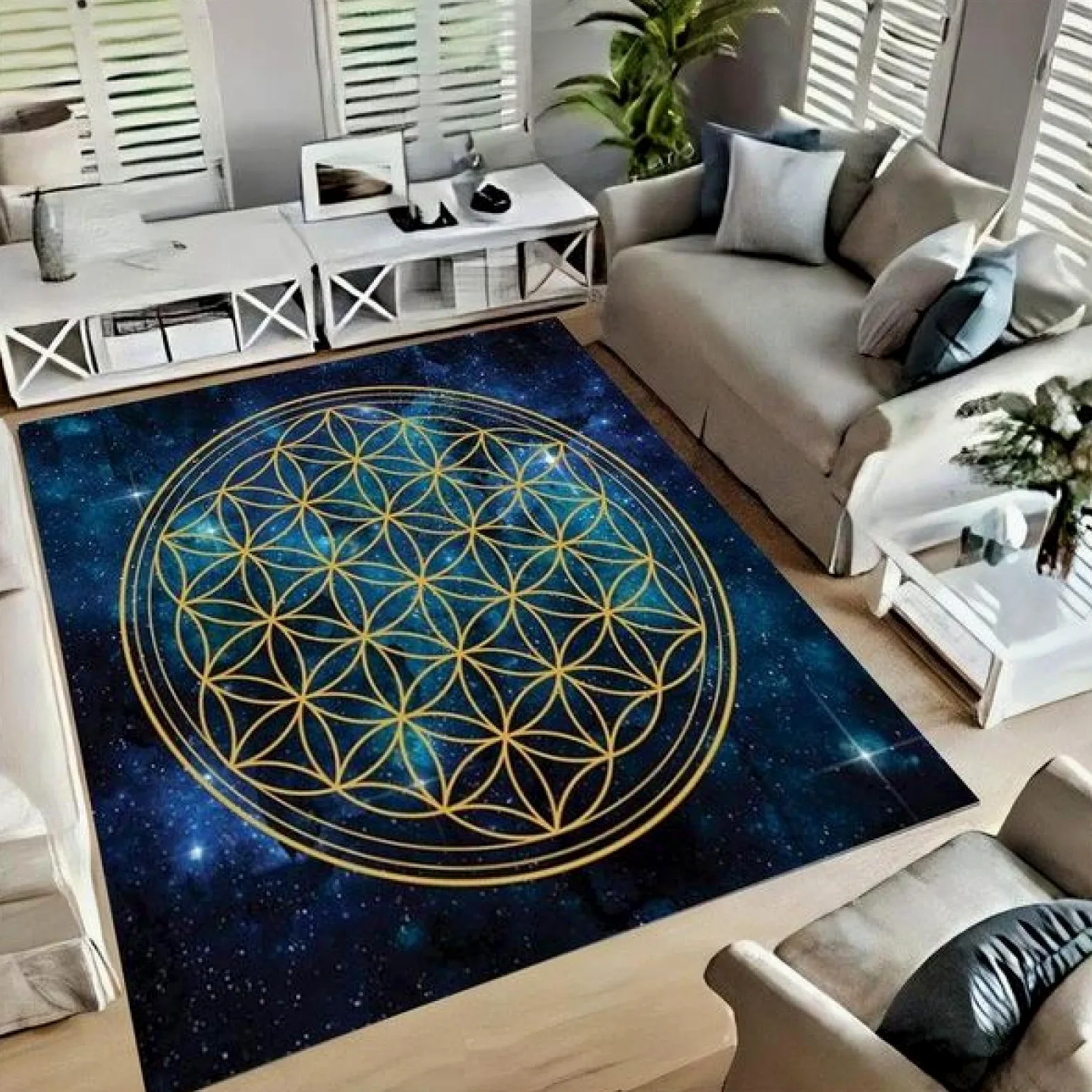 Tapis de méditation 3D Galaxie Ciel étoilé Fleur de Vie, Tapis de Porte Mandala Zen Yoga Spirituel extérieur Tapis de Sol d'entrée de Jardin