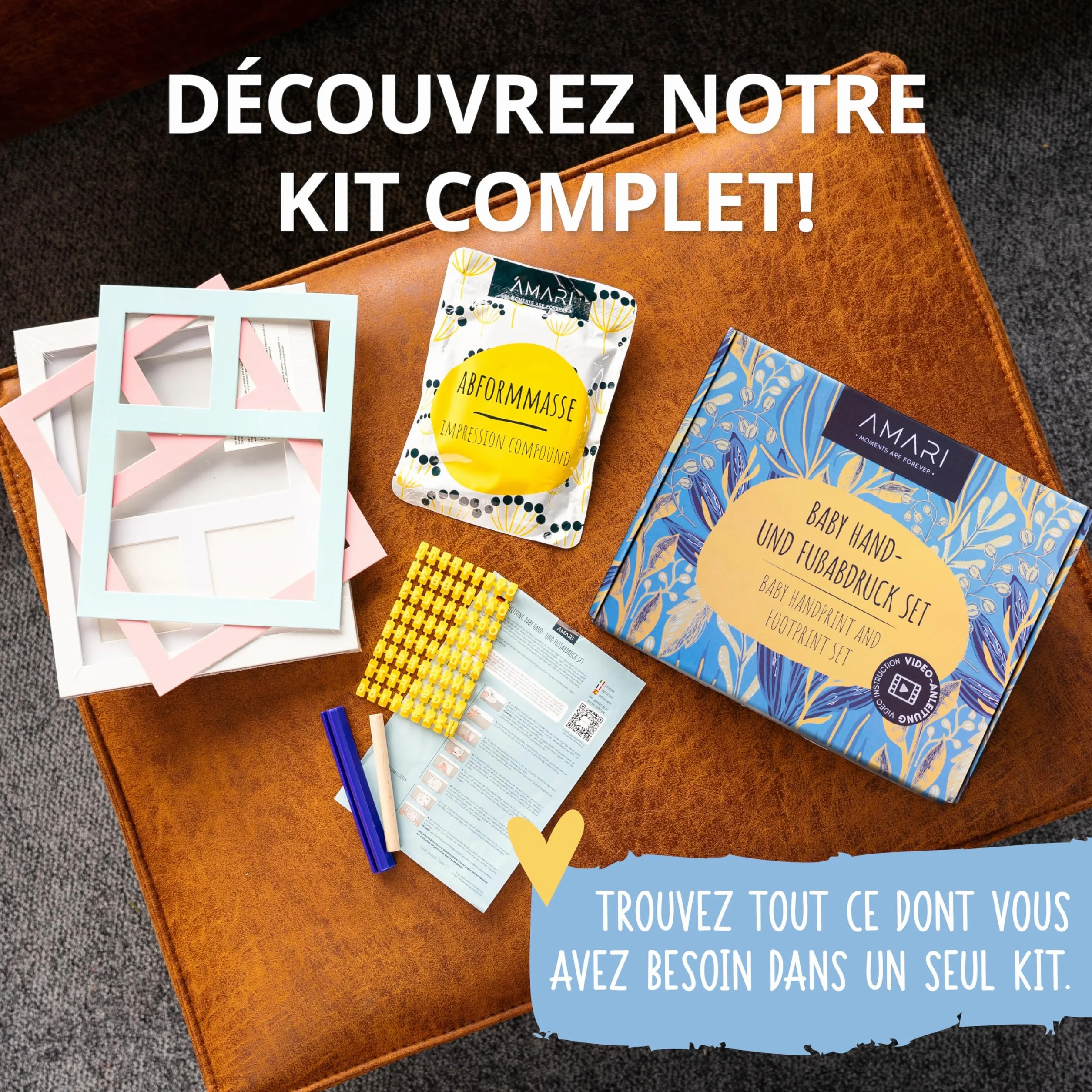 Kit d'empreintes de plâtre pour bébé - Main et pied avec cadre photo - Cadeau de naissance