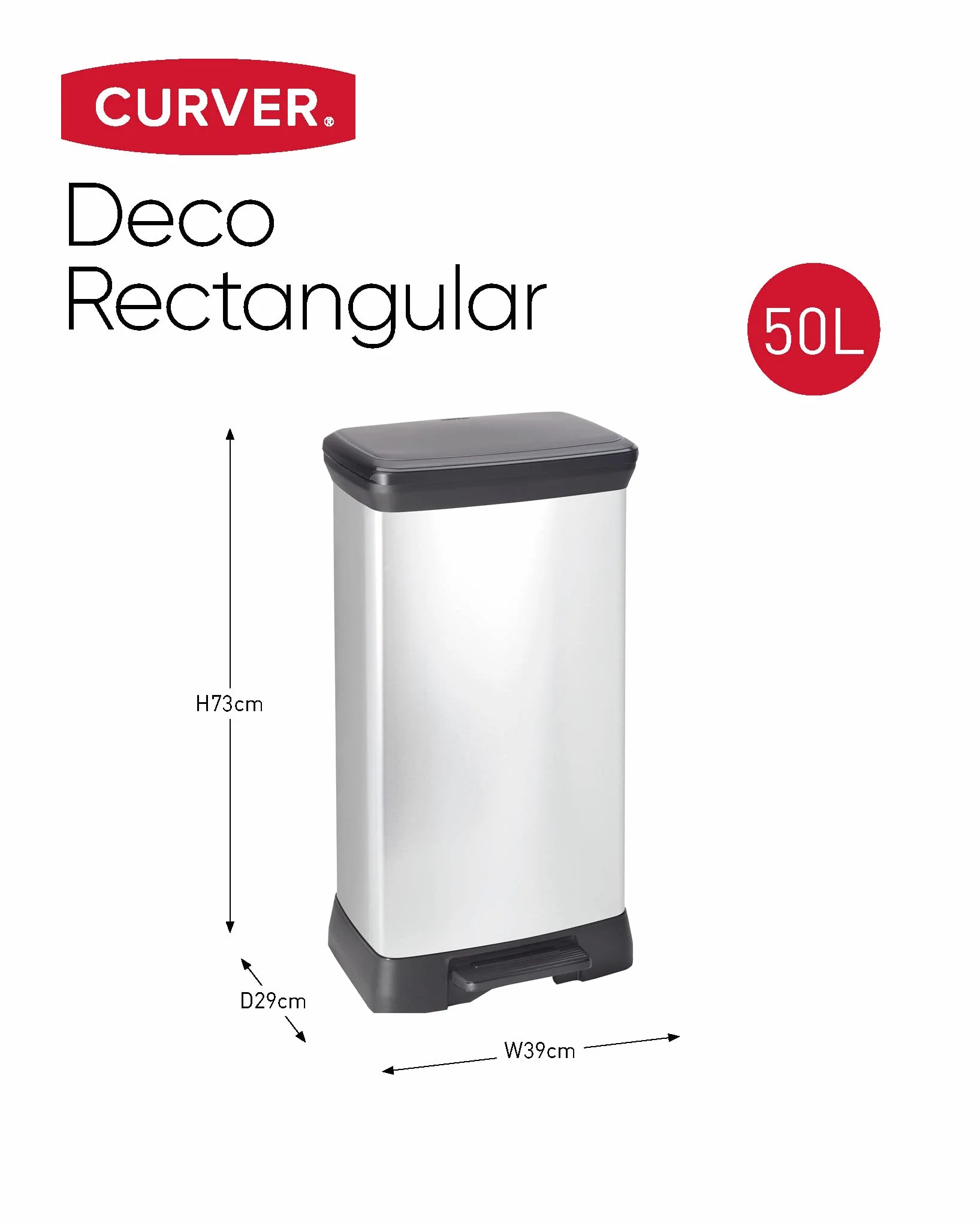 Curver Poubelle Rectangulaire à pédale Decobin 50L - Fermeture Douce - Aspect Métal - Gris - 39 x 29 x 72 cm
