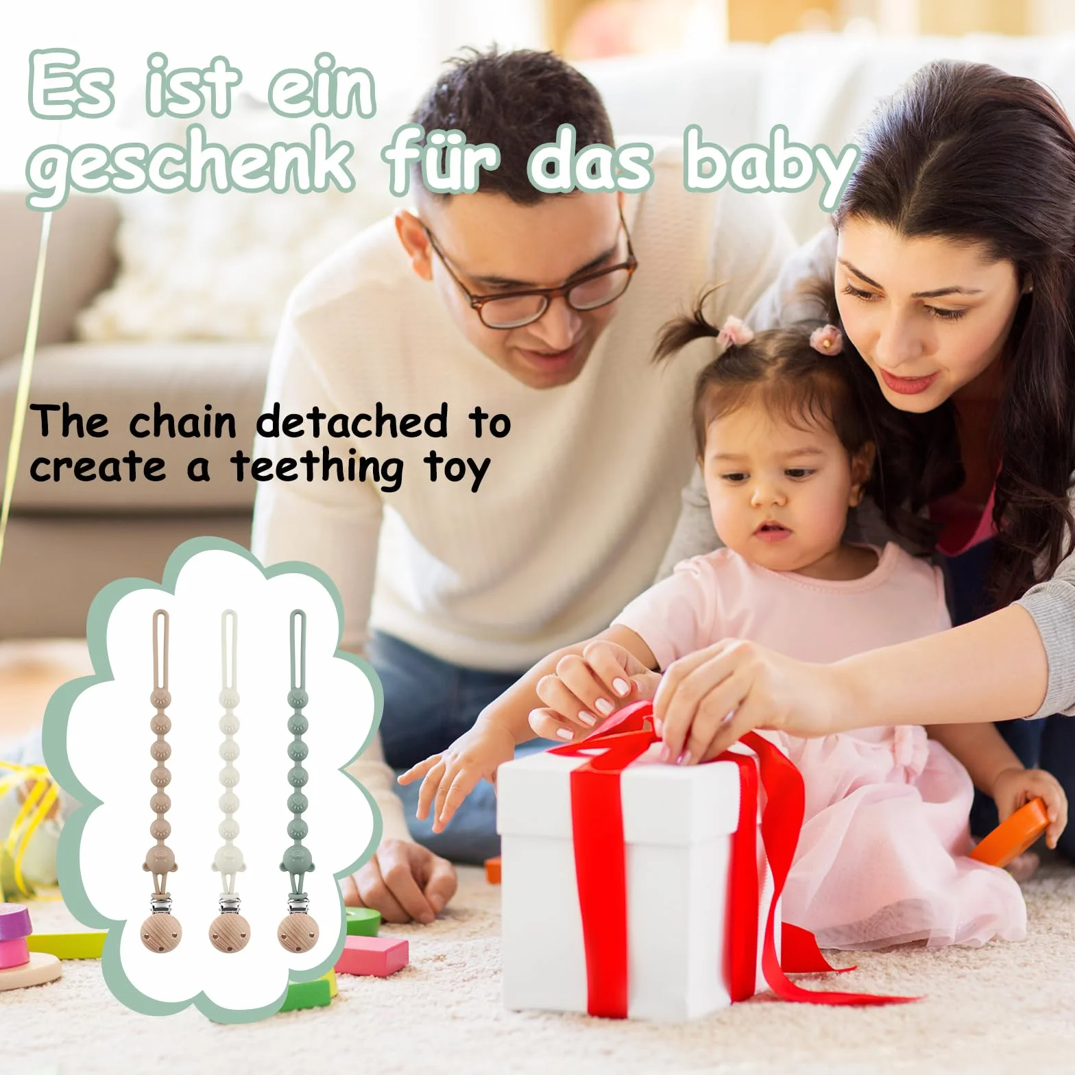 Attache Tétine Silicone Lot de 3, Chaîne Sucette Bébé sans BPA, Pacifier Clip (Gris Clair + Vert + Kaki)