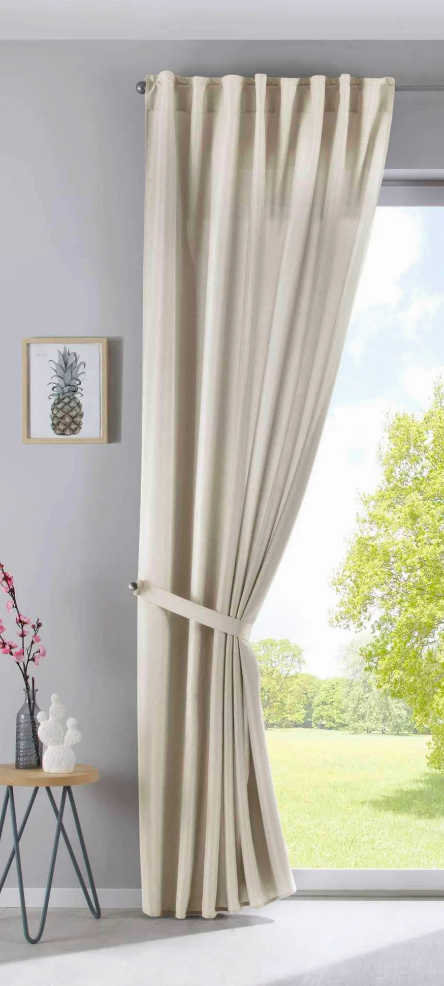 Gardinenbox 2019037-2 Cationic « JENA » Lot de 2 Rideaux Opaques Aspect Lin chiné avec embrasses H x l 250 x 300 cm