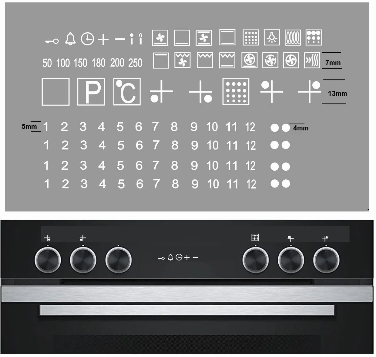Autocollants pour cuisinière électrique R98 fond transparent symboles blancs
