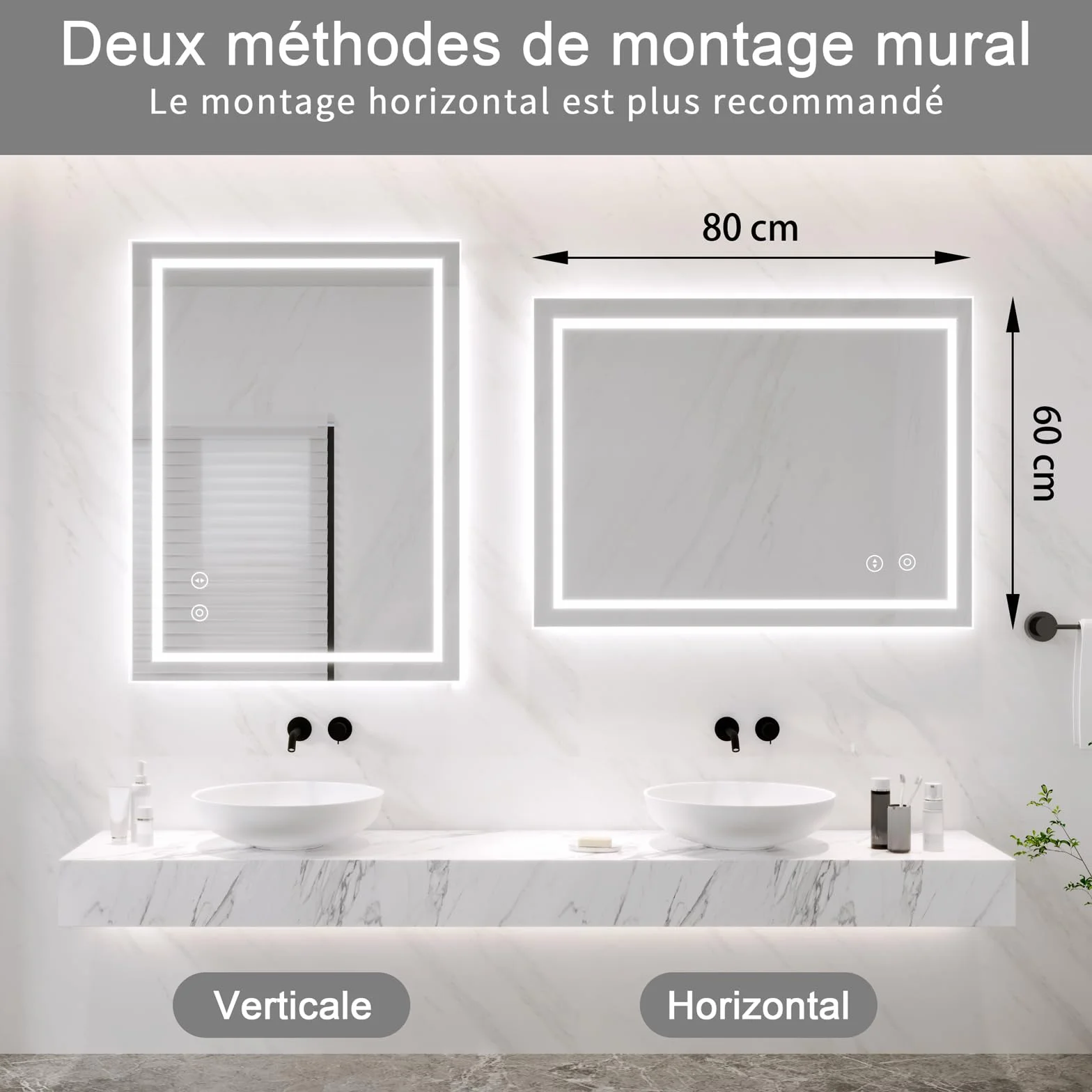 Dripex Miroir de Salle de Bain LED 60x80cm 30W Anti-buée 3 Couleurs Dimmable IP44