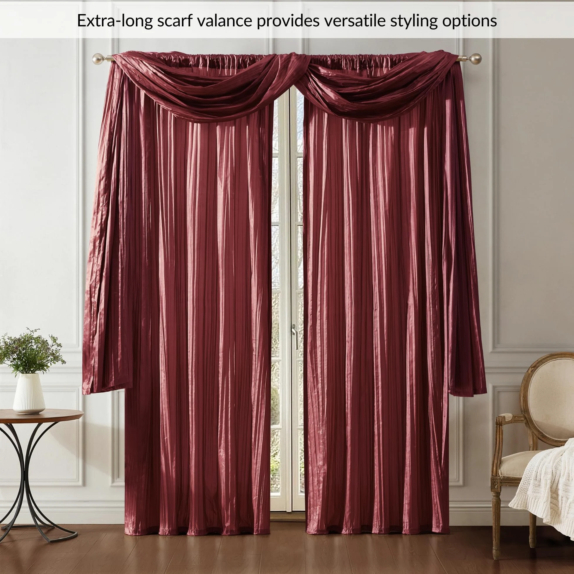 Elrene Home Fashions Athena Rideau de fenêtre Imitation Soie écrasée et cantonnière, 132 x 274 cm (2 Rideaux) et 1 cantonnière, Rouge