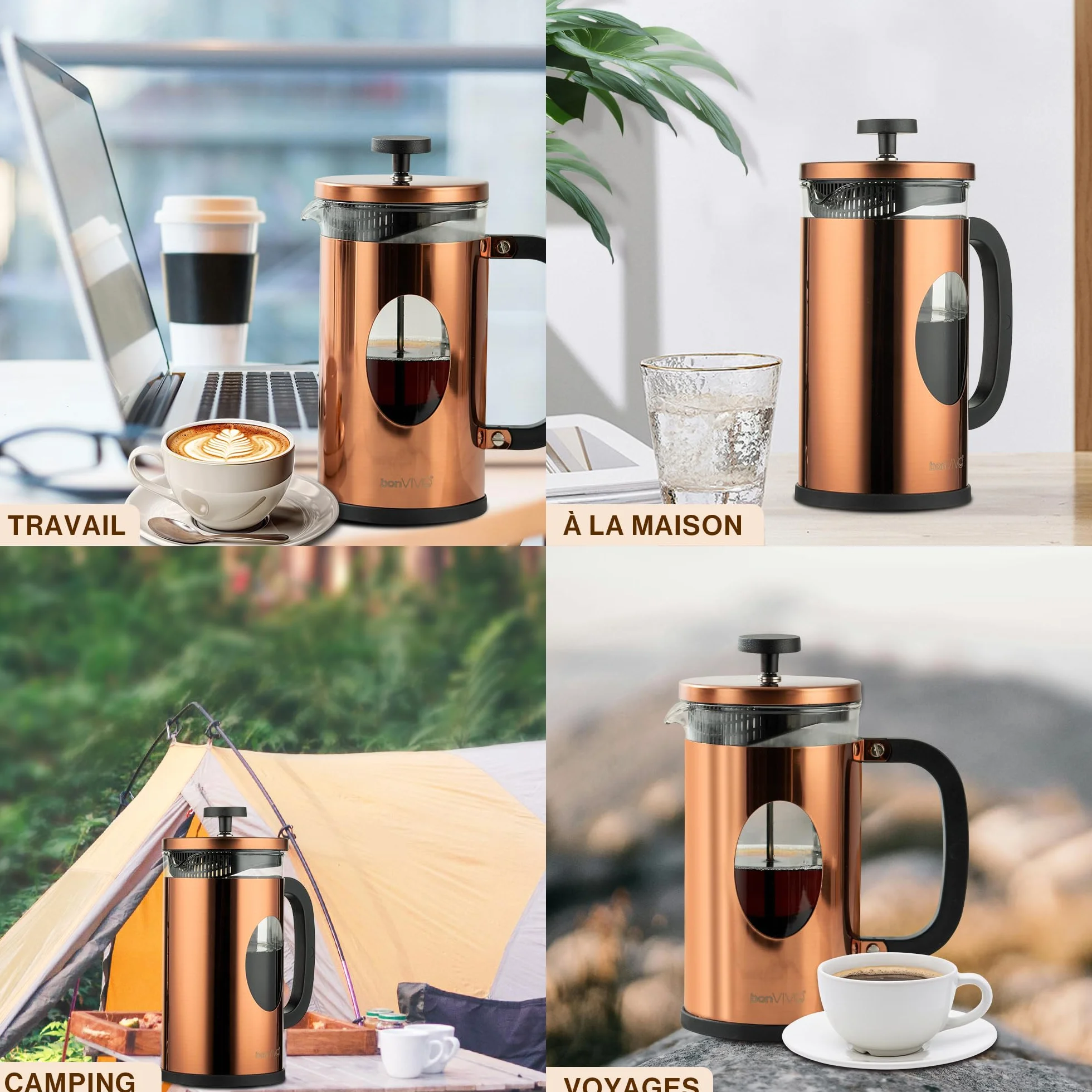 BonVIVO Cafetière à Piston 1L Inox Verre Thermorésistant French Press avec Filtres de Rechange Finition Cuivre