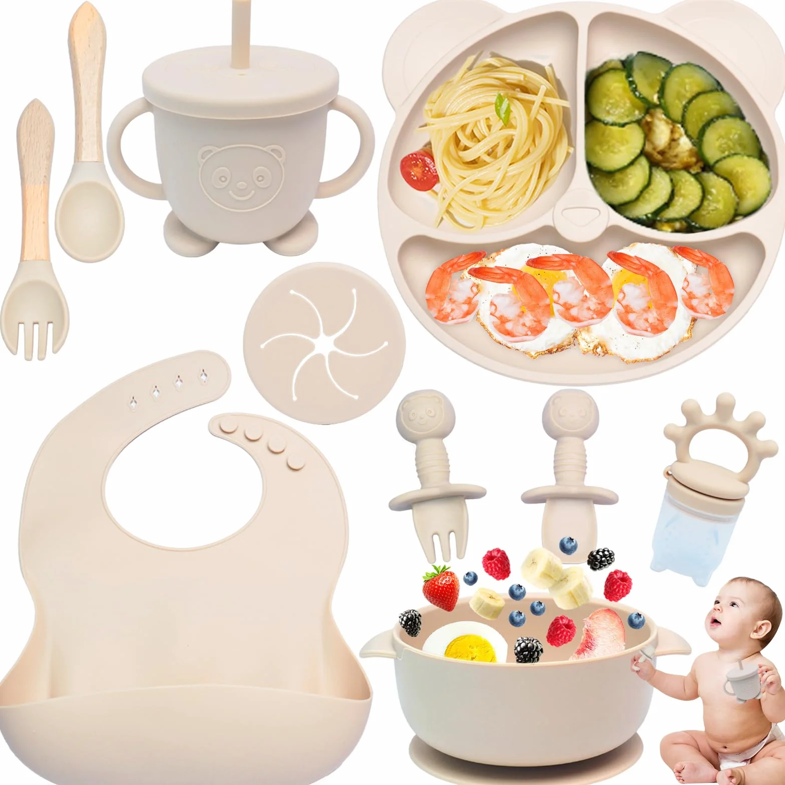Coffret Repas Bebe Silicone Set Vaisselle Assiette Ventouse Bavoir Couverts Enfant Sevrage Manger Beige