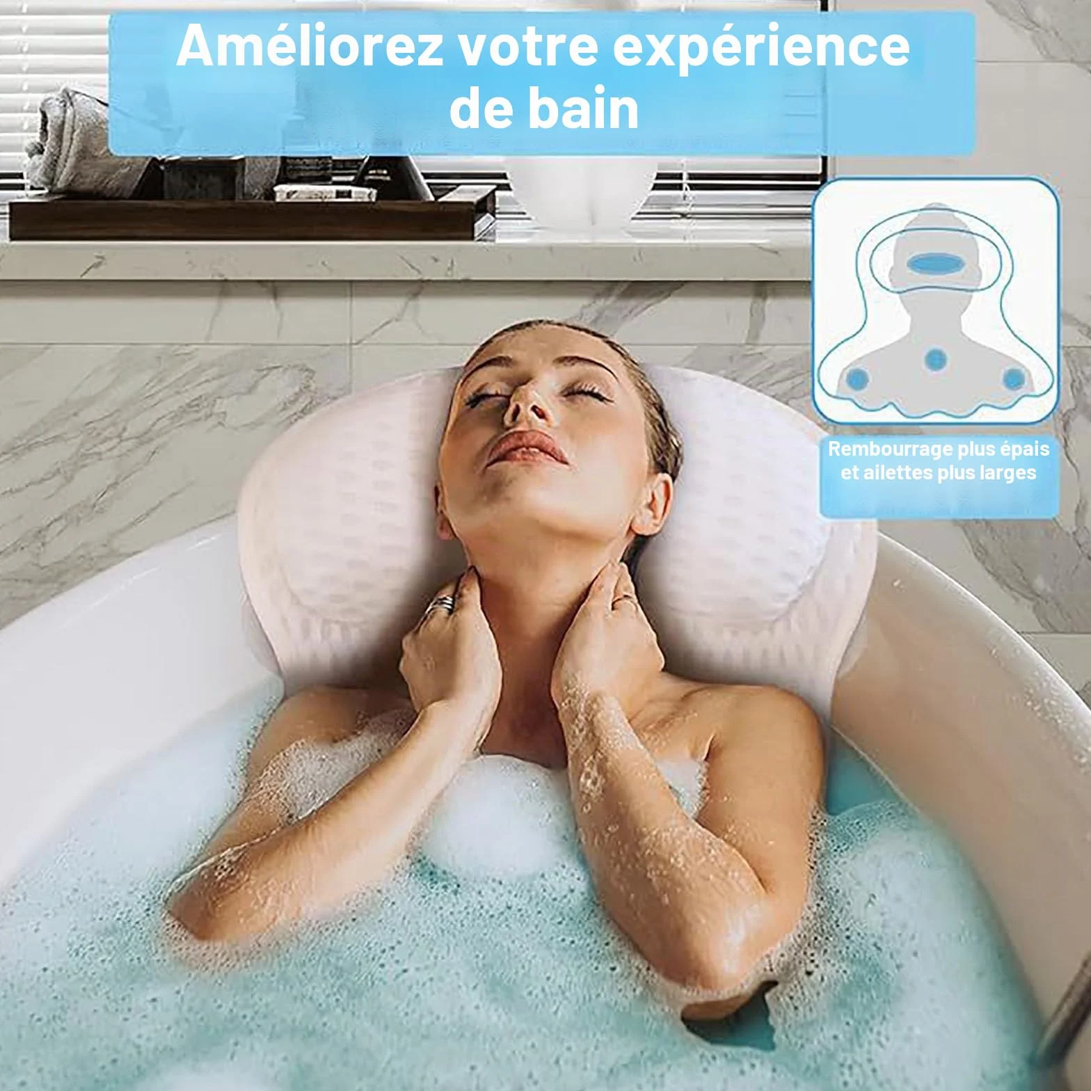 Coussin Baignoire Adulte Oreiller de Bain 4D 6 Ventouses pour Tête Cou Dos