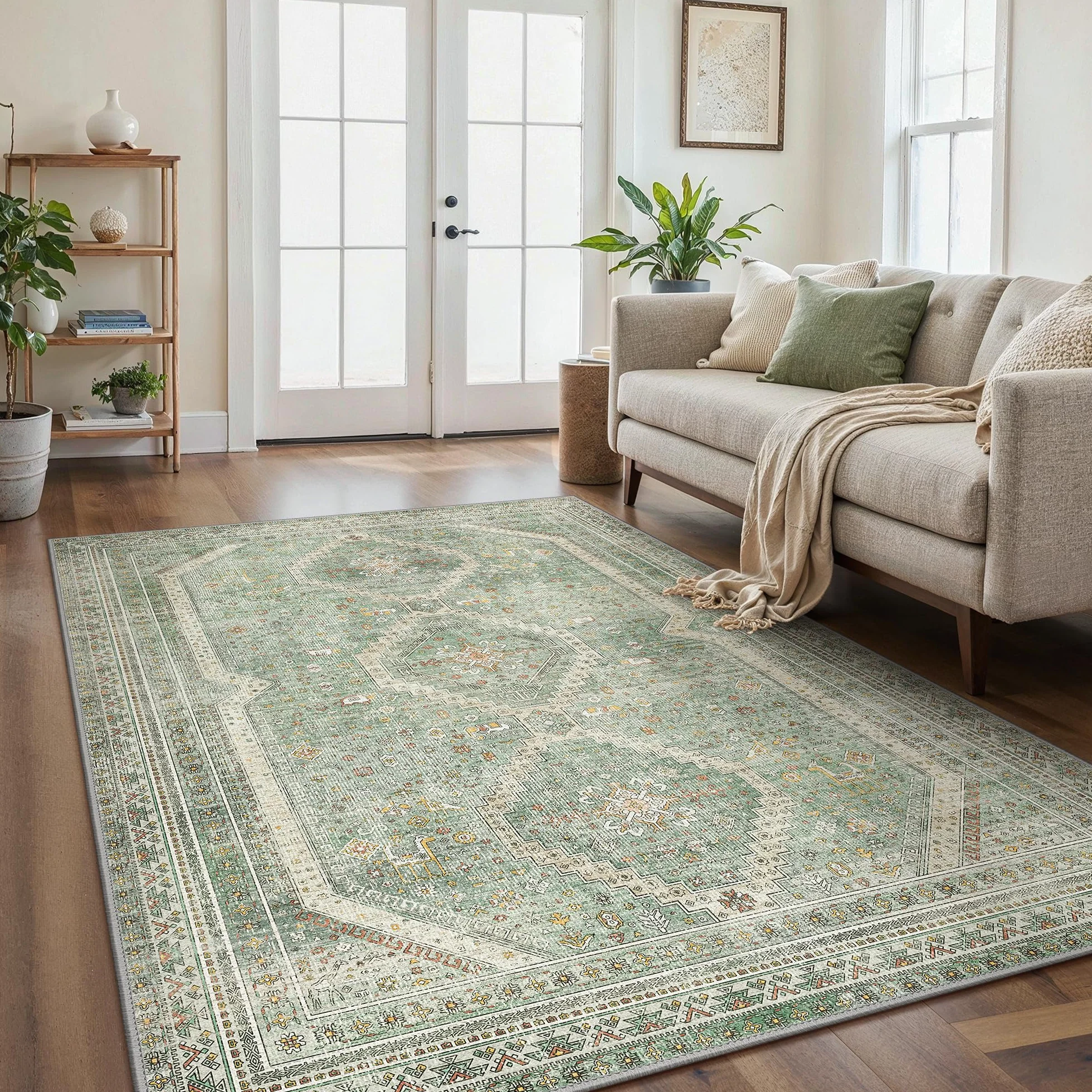Tapis Salon Vintage Moquette Lavable en Machine 240x300CM Vert