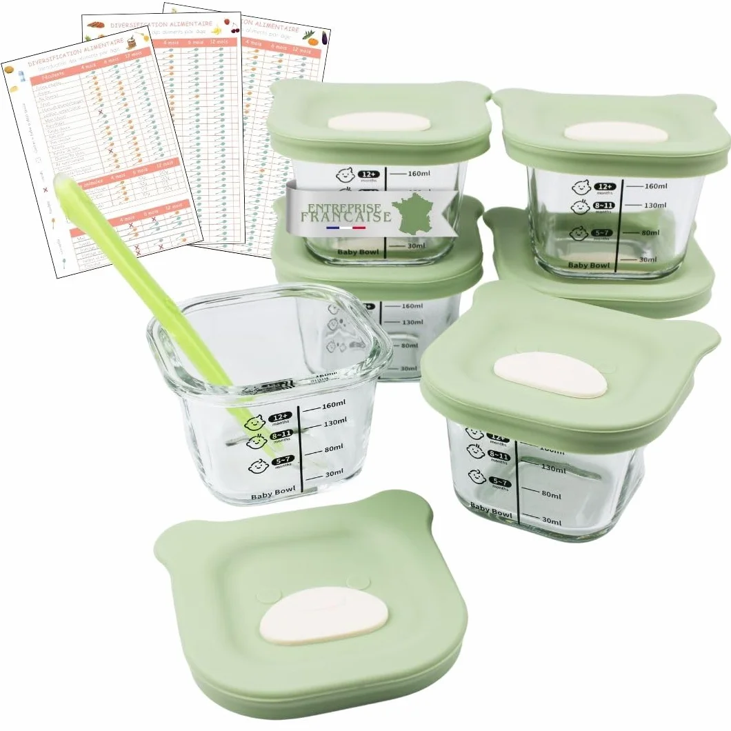 HELLO HIPPO® Lots de 6 Petit Pots en verre Bébé 160ml - Idéaux pour Compotes, Purées et Fruits, Hermétiques et Pratiques avec Graduation, Cuillère Incluse