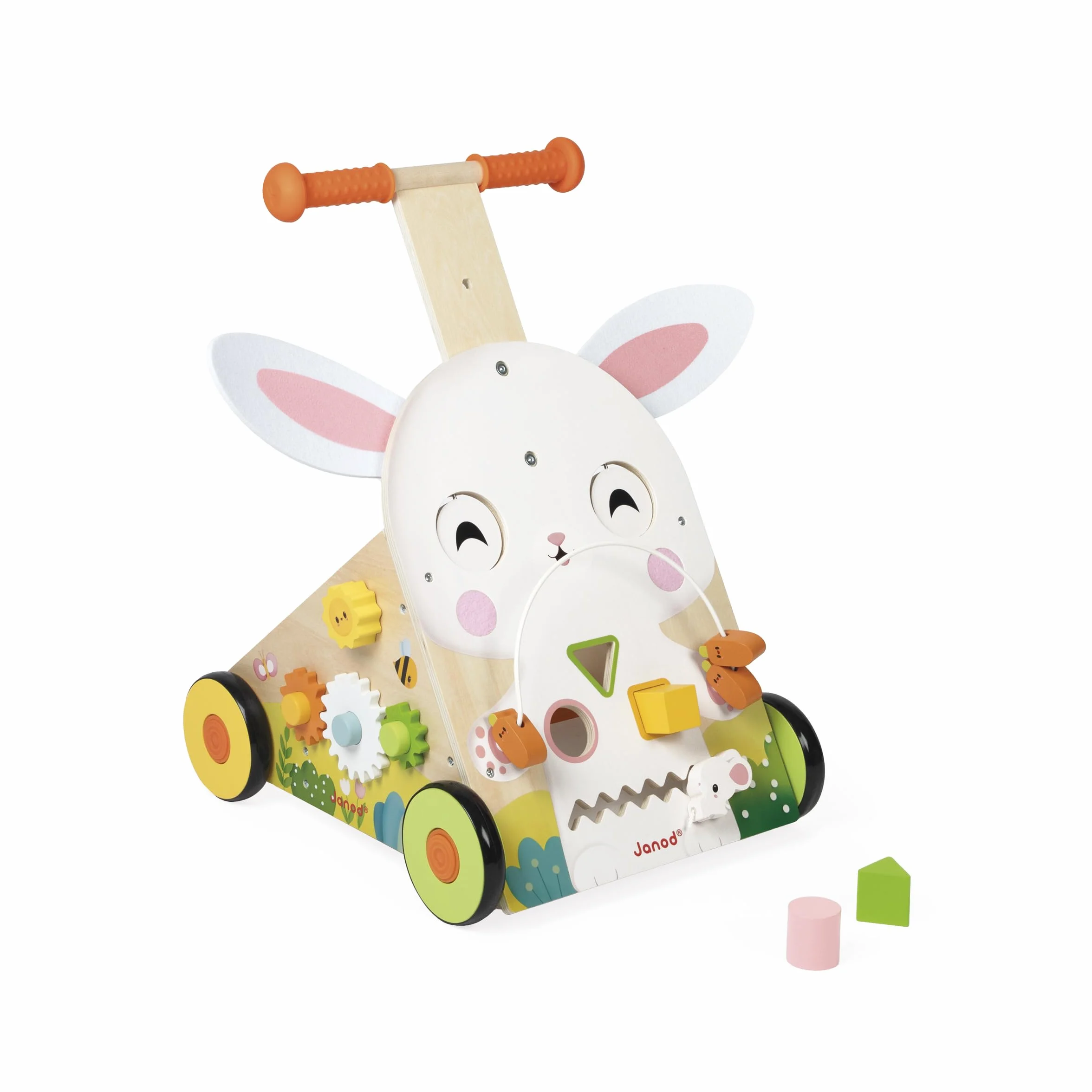 Janod Chariot Multi-Activités Ferme en Bois à Pousser 9 Activités Système Frein Breveté Roues Silencieuses Jouet Eveil Enfants Dès 12 Mois