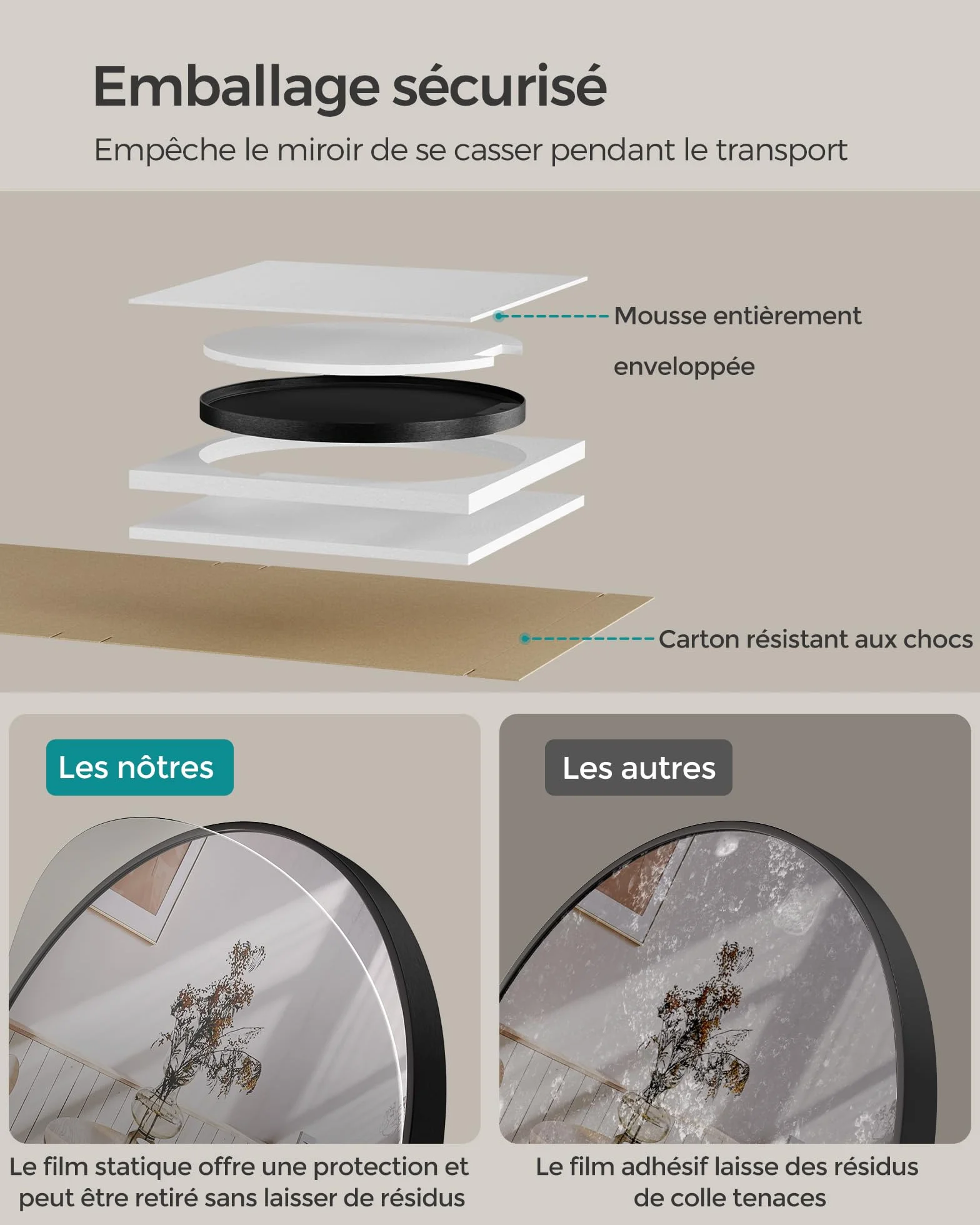 SONGMICS Miroir Rond Mural 61 cm Cadre en Métal Noir d'encre LWM102B01