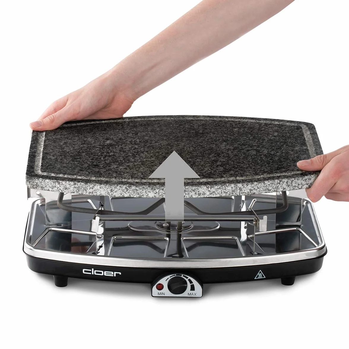 Cloer 6430 Raclette gril avec pierre de cuisson naturelle, inclus 8 poêlons anti-adhésifs pour faciliter le retrait des aliments, 1200 W, Noir