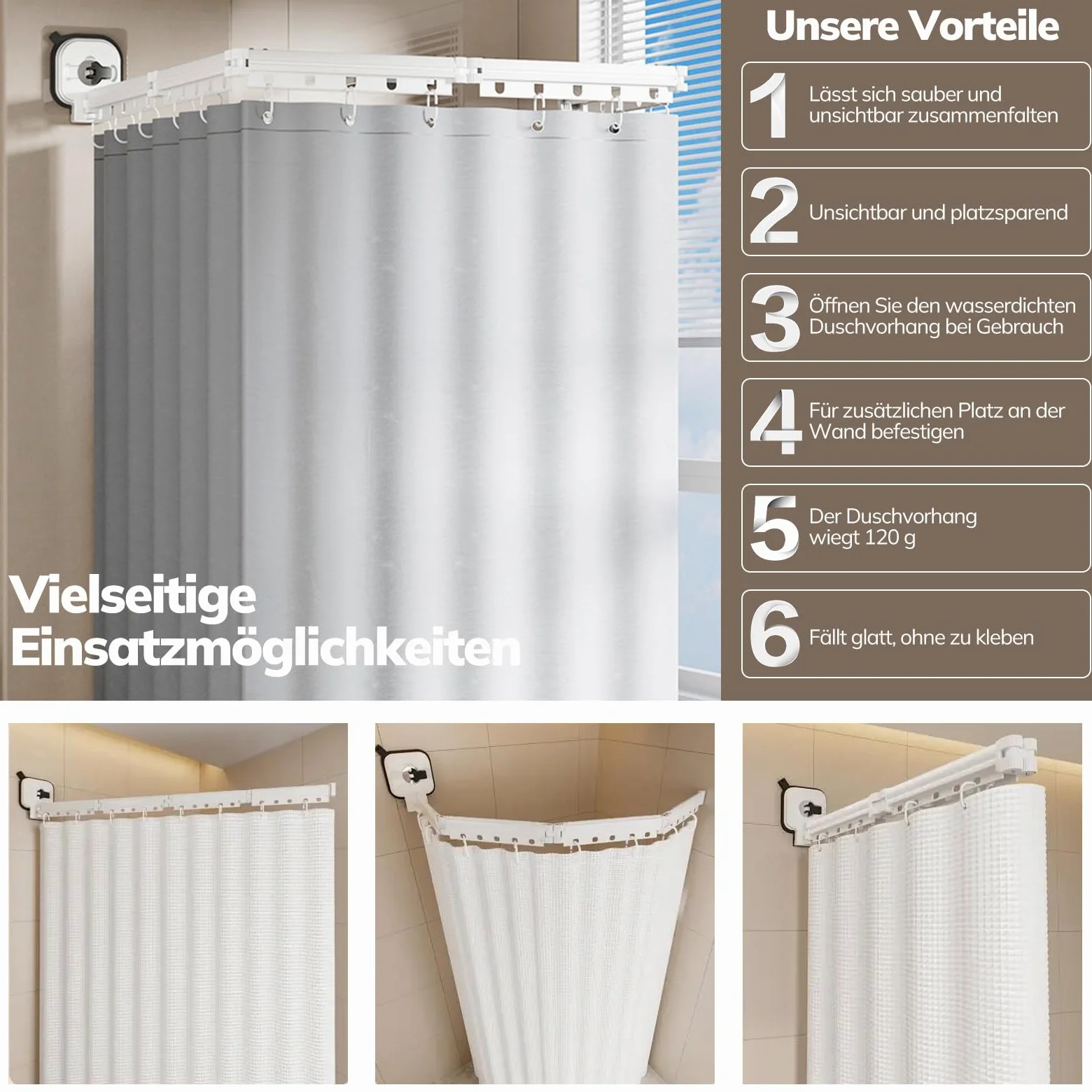 Rideau De Douche Sans Perçage, Tringle à Rideau De Douche Pliable Avec Ventouses, Rideau Douche (1,8x2m), Tige d'Angle avec Anneaux, pour Salles de Bain, Baignoire, Vestiaires(4 Plis)