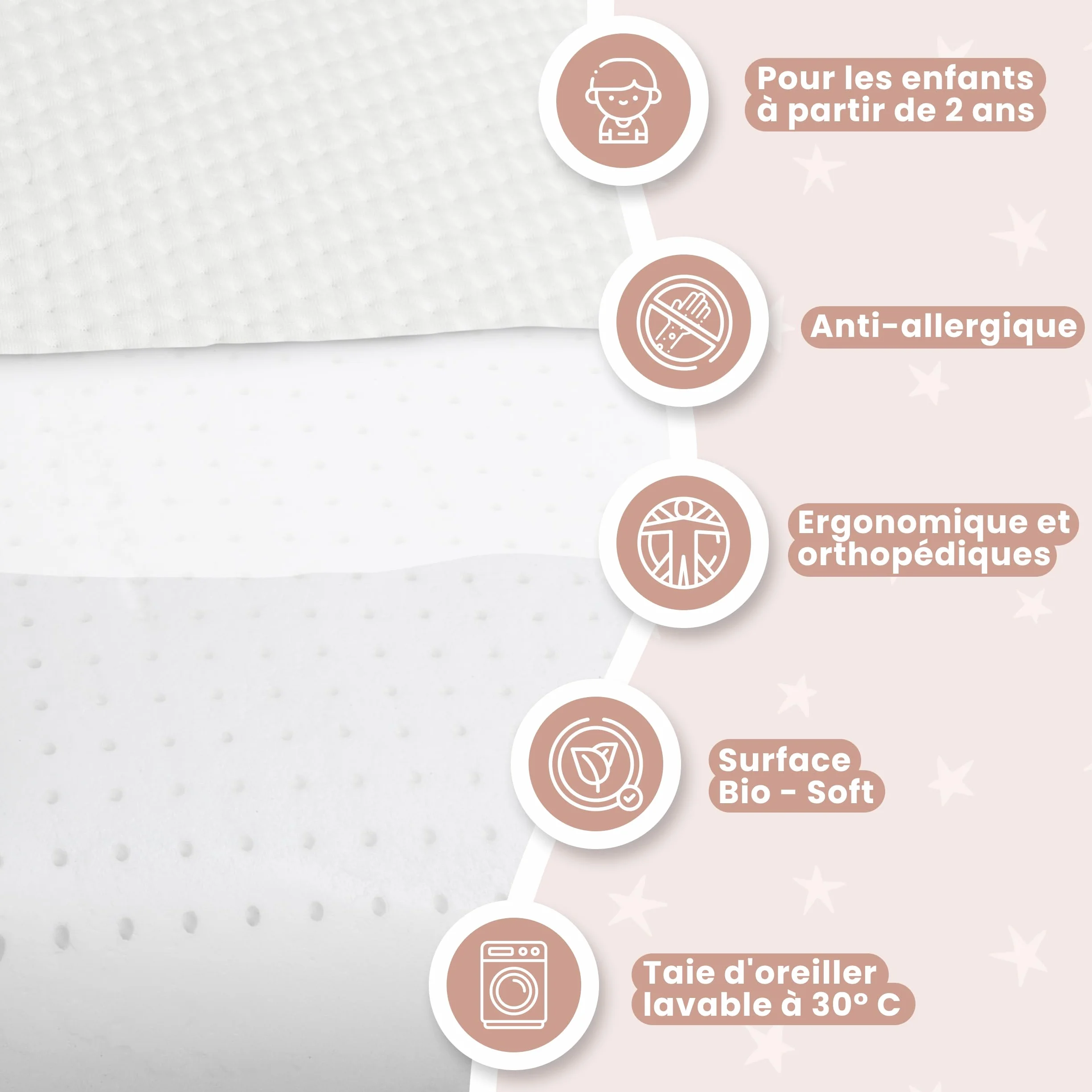 MIMUSELINA Oreiller Memoire Forme 50x30x5 cm pour Enfants Anti-Étouffement Hypoallergénique Housse Tencel Amovible