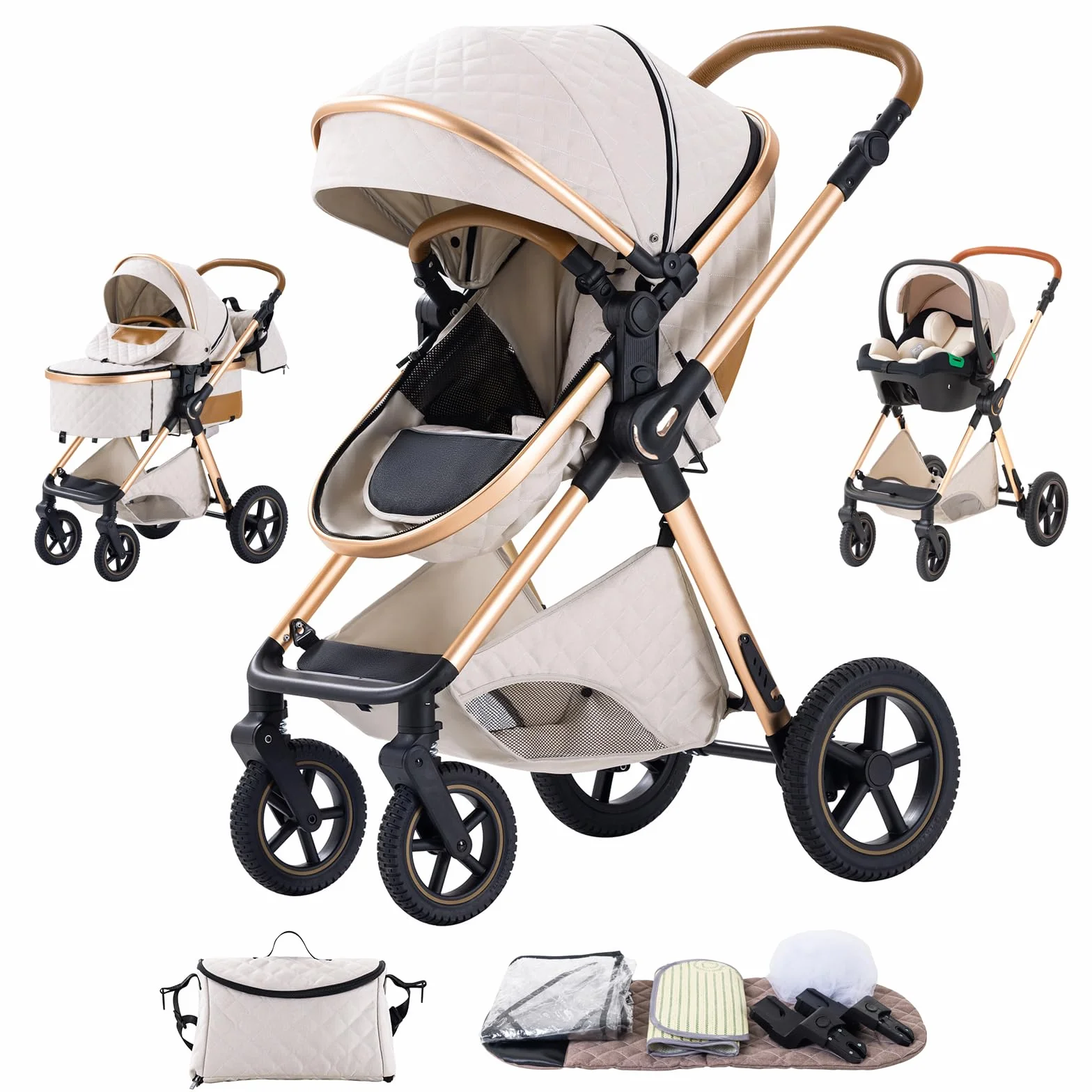 Poussette 3 en 1 Citadine Combinée Tricycle Baby Walker Haute Paysage Landau pour 0-36 Mois Pliante Trolley Bébé H2-RICEWHITE