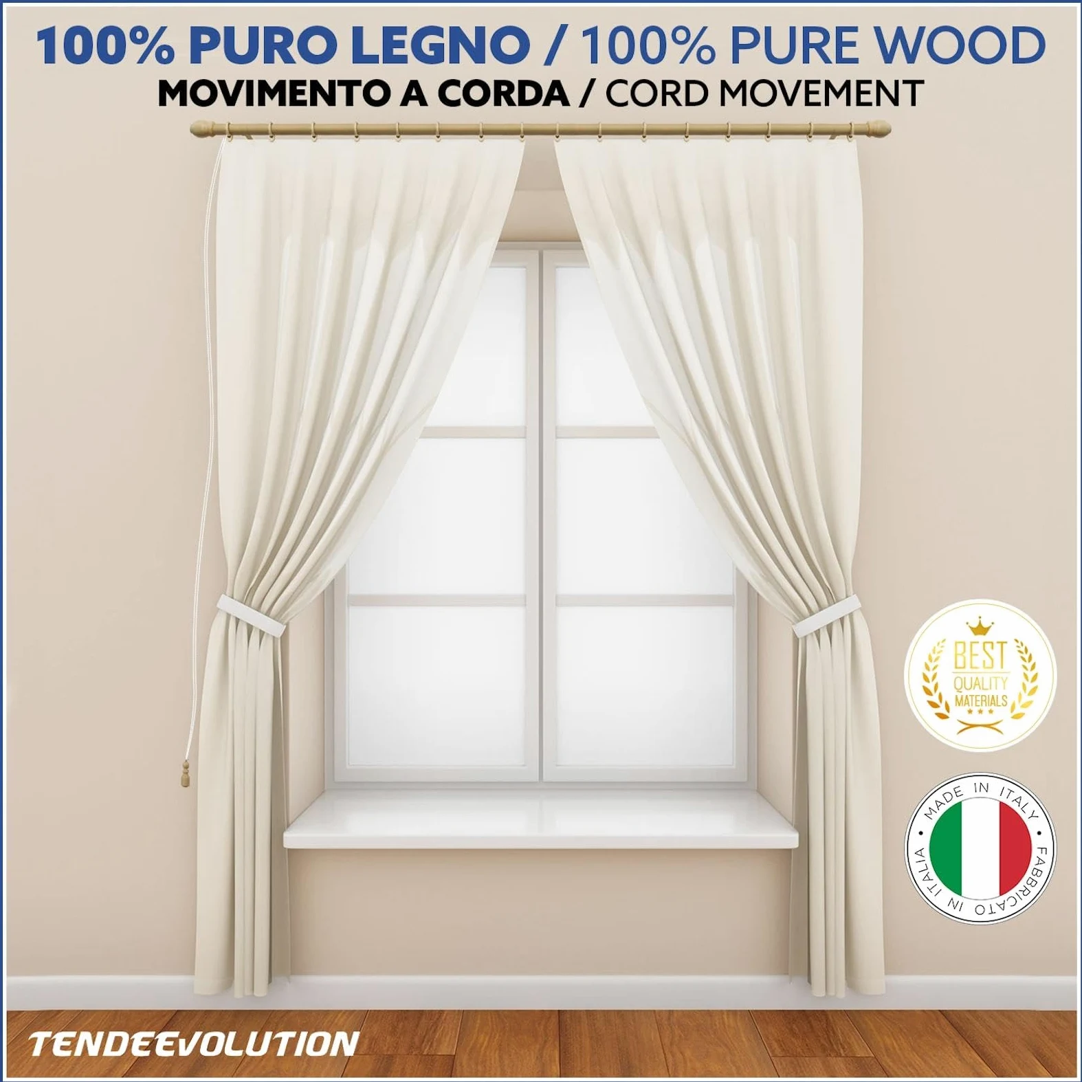 TENDEEVOLUTION Tringle Rideau Bois avec Accessoires, Diamètre 35mm, avec Support Tringle Rideaux Bois inclus. Barre De Rideau Naturel (Orme, 160 CM Avec Corde)