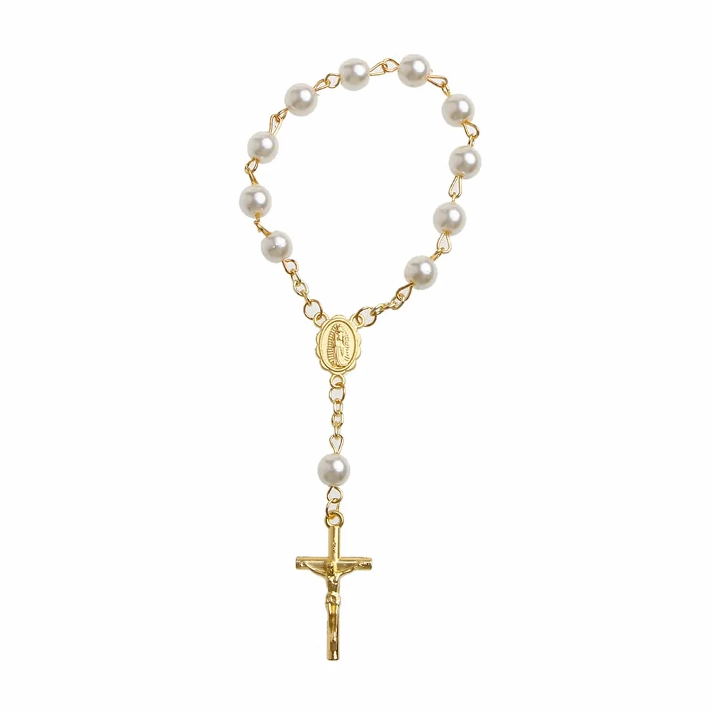 Baptême Mini Chapelet Ivoire Faux Perles Bracelet Croix