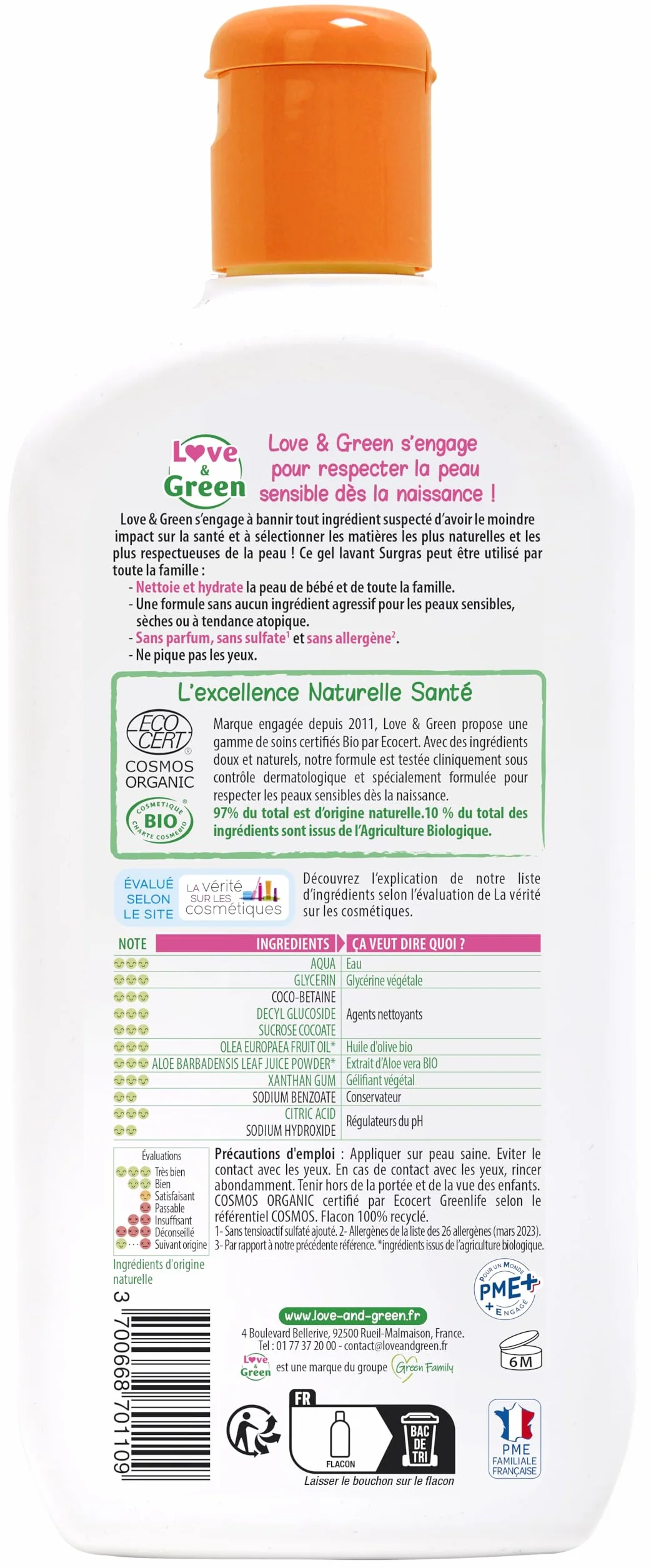 Love & Green Gel Lavant Surgras Bio 500ml Hydratation Peau Sensible