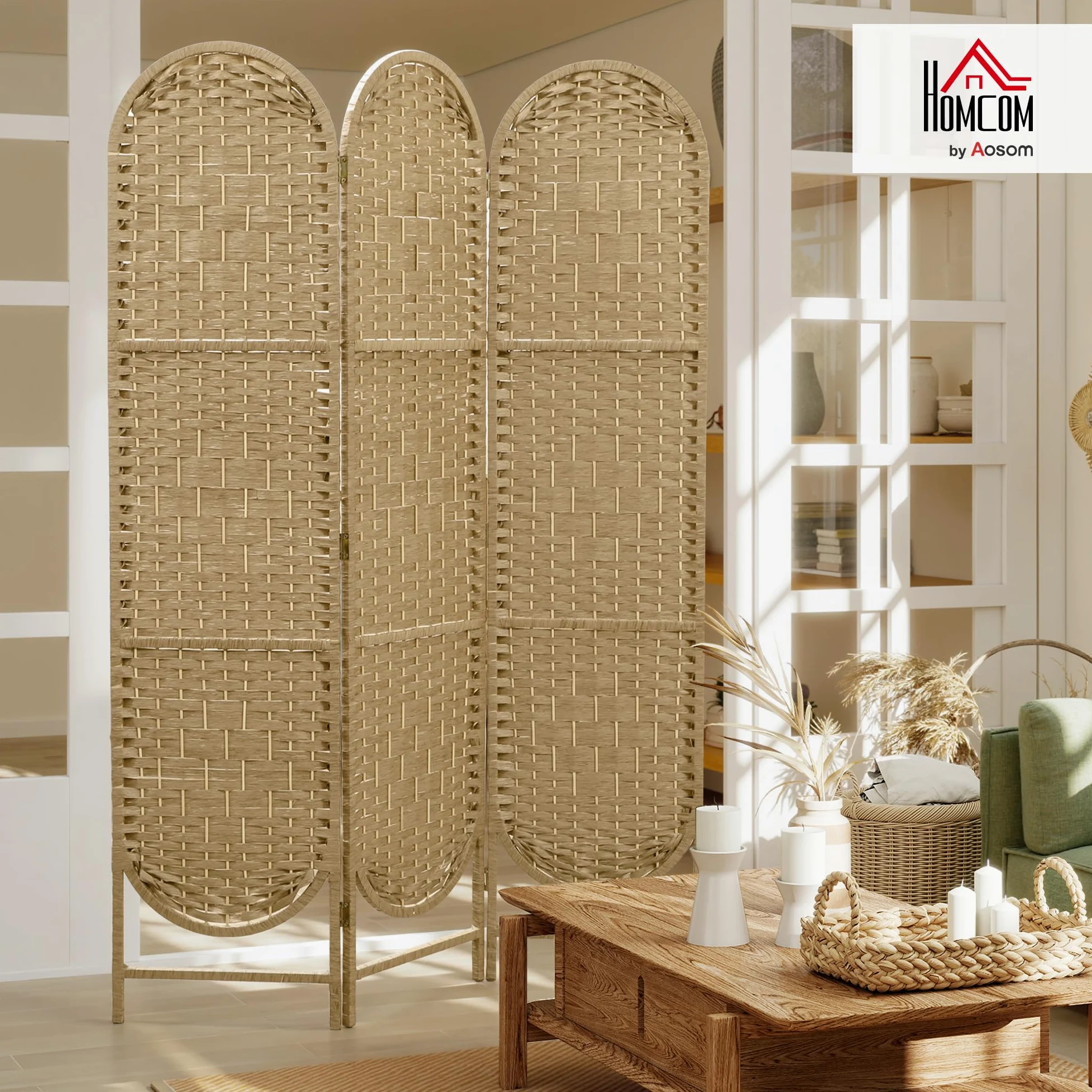 HOMCOM Paravent Interieur Ovale 3 Panneaux Léger 120 x 170 cm Bois Naturel | Séparateur de Pièce Pliable, Tissé, Style Bohème, Cloison de Séparation, pour Salon Chambre à Coucher Maison