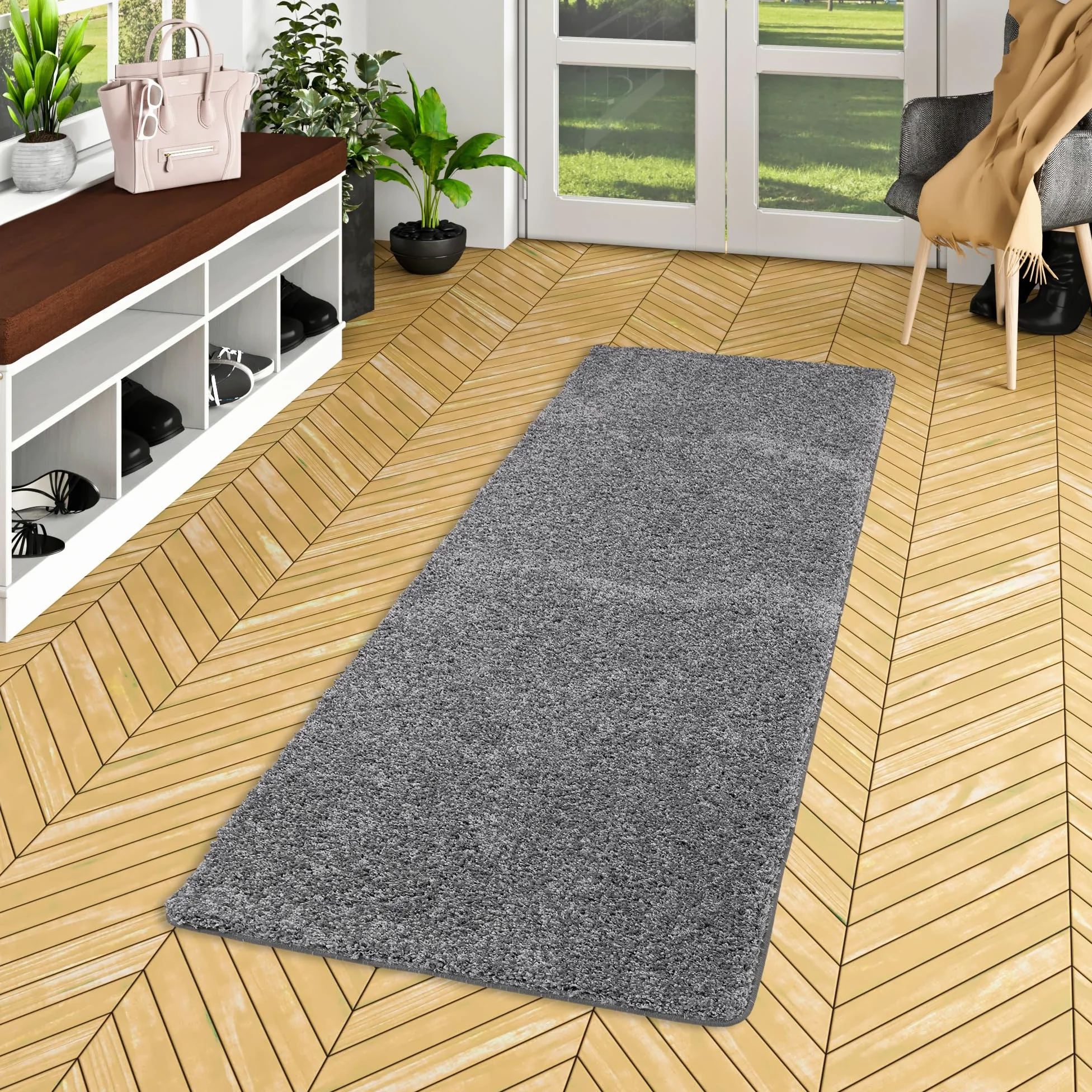Tapis couloir shaggy Milano gris - 100% polypropylène, poil 43 mm, doux et facile à entretenir, sans substances nocives, idéal pour couloir, cuisine ou chambre, maison cosy, moderne et durable