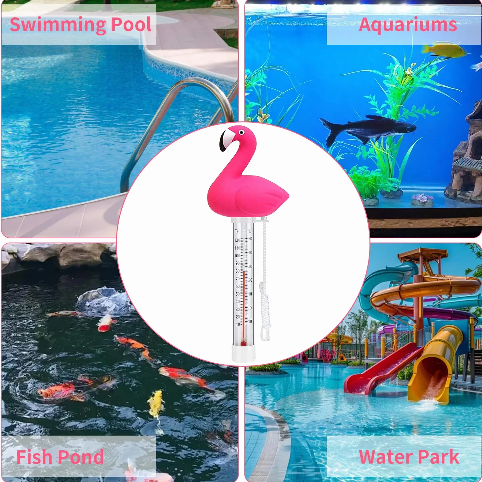 Thermomètre à eau flottant pour piscine jacuzzi flamants roses avec corde
