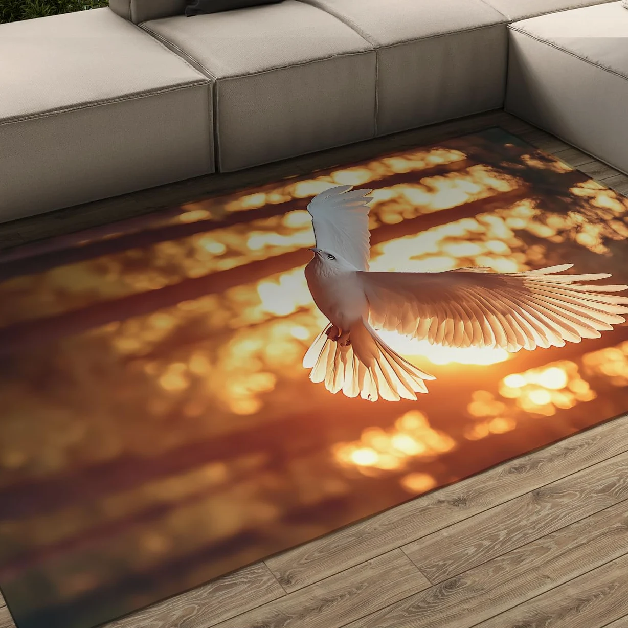 Tapis Nature Romantique esthétique Colombe Blanche Coucher Soleil doré Jungle Paysage Lavable Tapis Poil Ras intérieur carpette 70x120cm