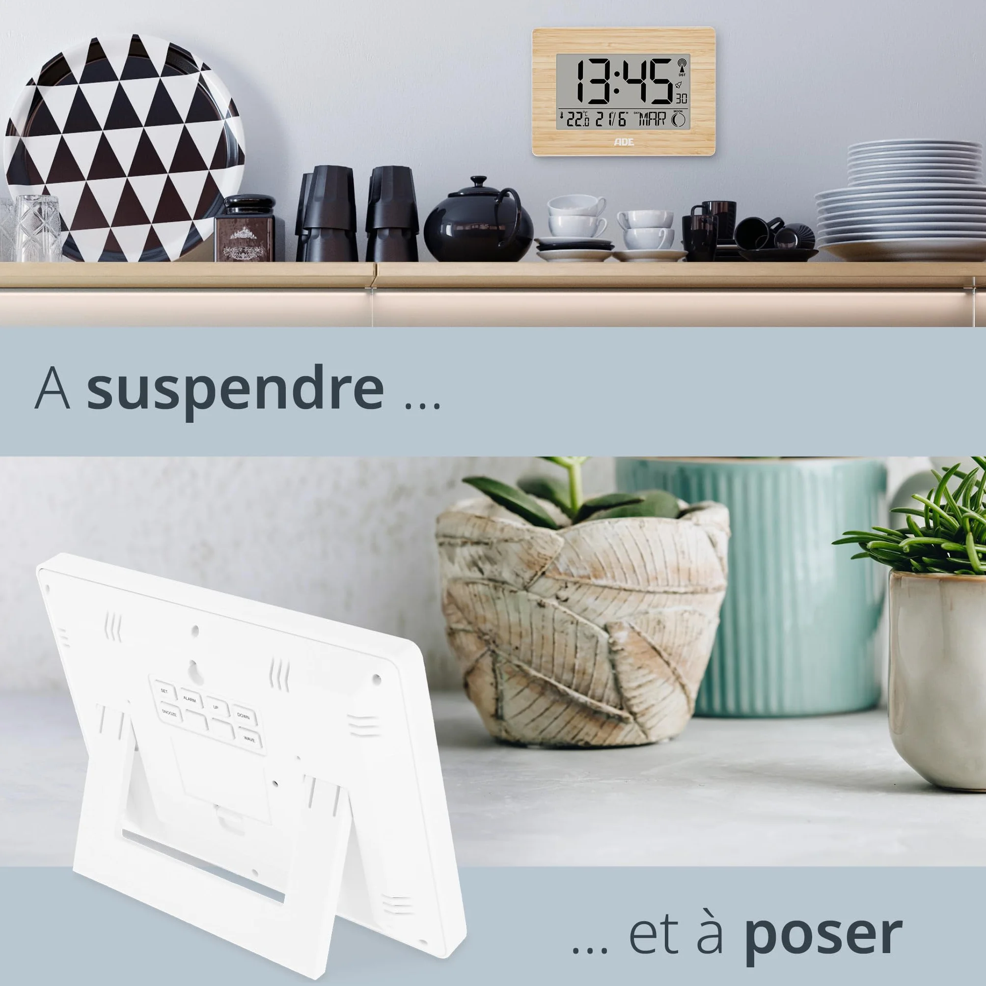 ADE Horloge Radio pilotée numérique Chiffres XXL Affichage température Design Moderne silencieuse Cadre Bois Bambou