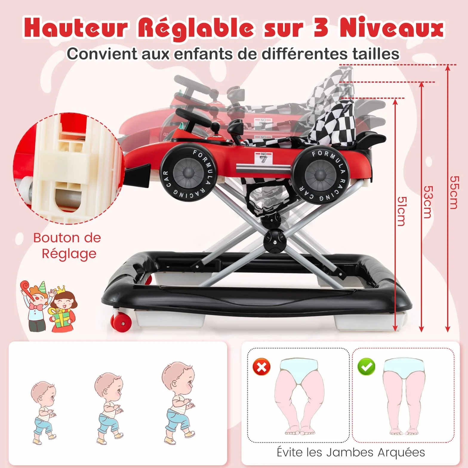 COSTWAY Trotteur Bébé Garçon Fille 3 Hauteur Réglable Pliable Évolutif Boîte à Musique Amovible Volant Roues Silencieuses Charge 12kg 6-18 Mois