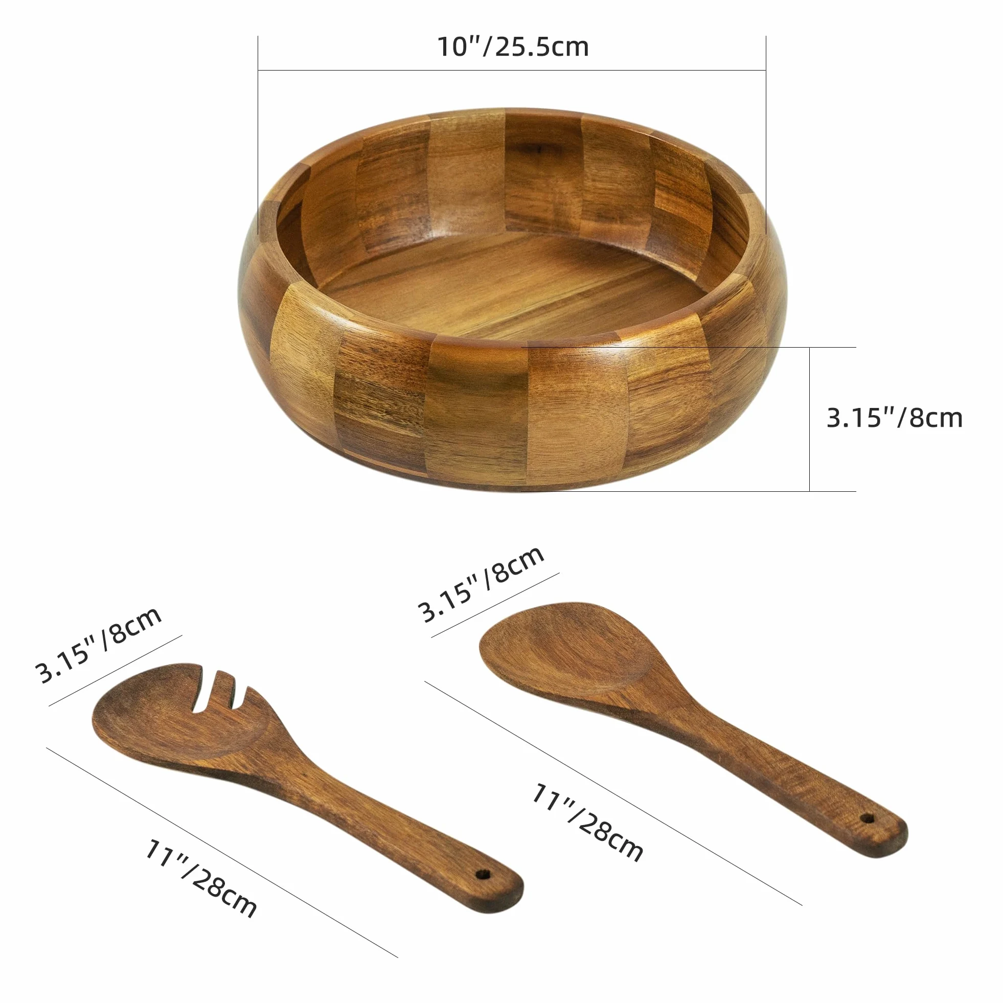 VaeFae Saladier en Bois d'Acacia avec Couverts à Salade | Saladier en Bois de 25,5 cm avec Cuillère et Fourchette Ajourée de 28 cm pour Mélanger et Servir