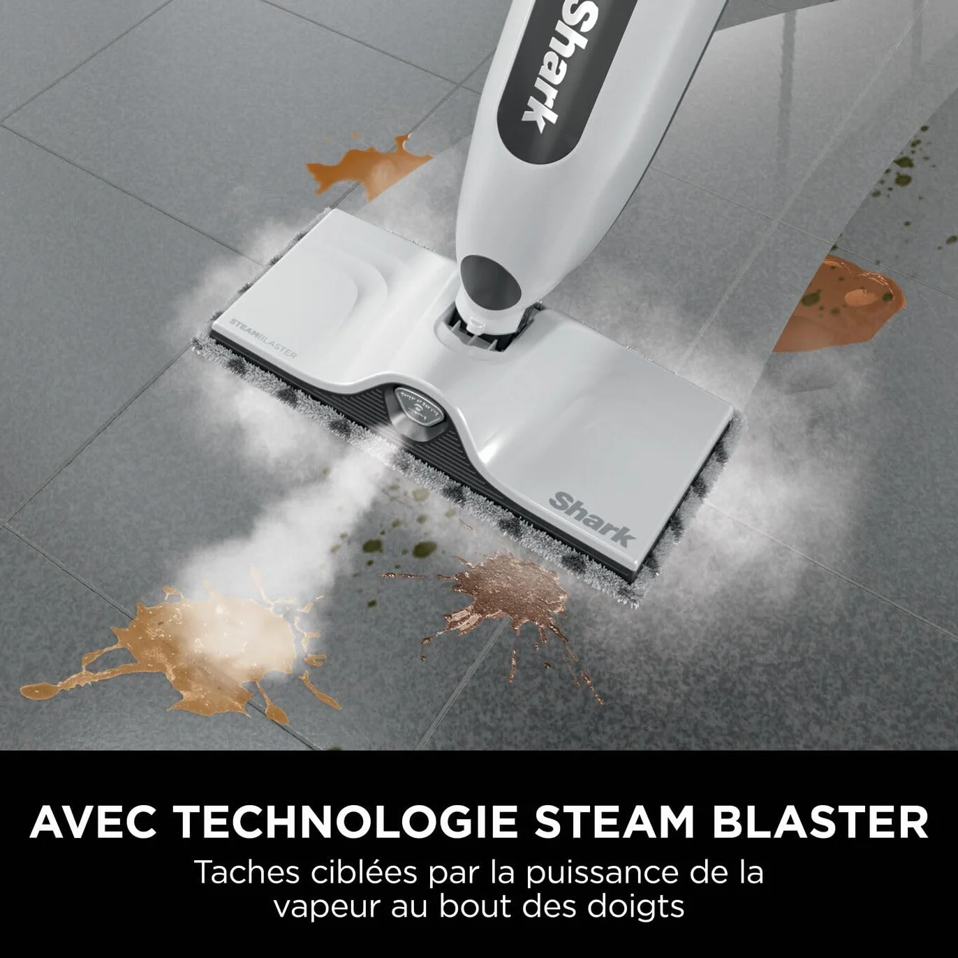 Shark SteamSpot S2001EU Balai vapeur pour sols durs, léger, sans produit chimique, réservoir amovible, 2 tampons Dirt Grip lavables, Blanc et Cuivre