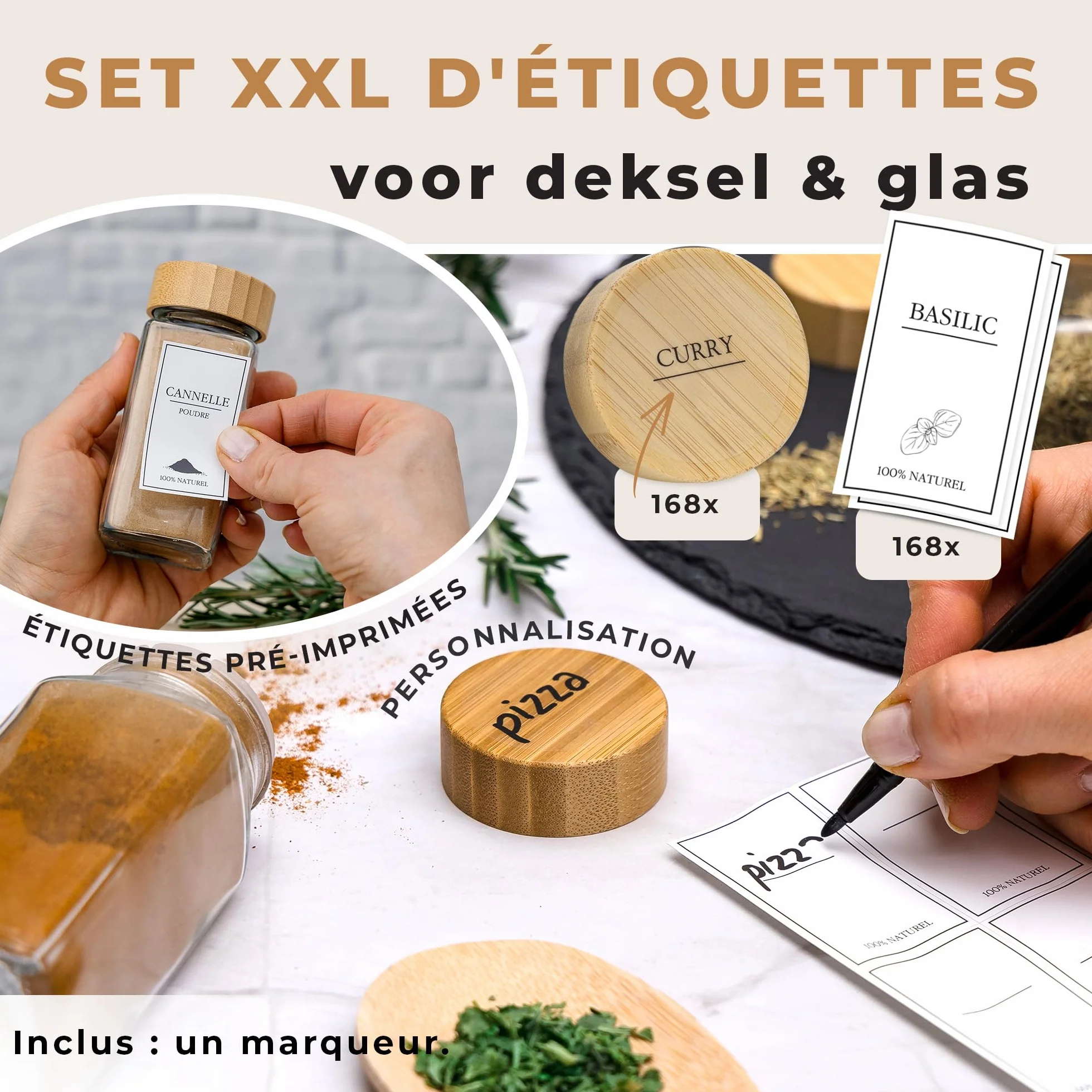 Pots à Épices en Verre et Bois 24 Bocaux 120 ml avec 336 Étiquettes Françaises et 2 Moulins