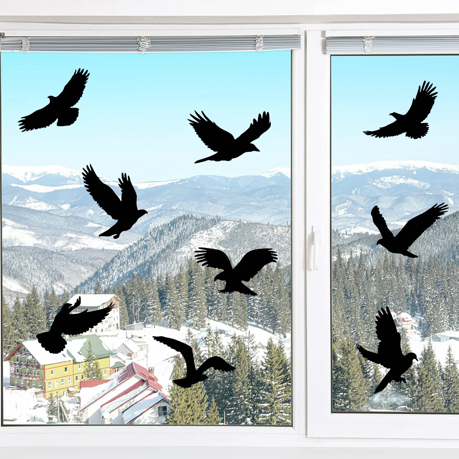 HOOWA Stickers Anti Collision Oiseaux Grand 27-31cm, 9PCS Autocollants Fenetre Electrostatique PVC Noir Protection Oiseaux