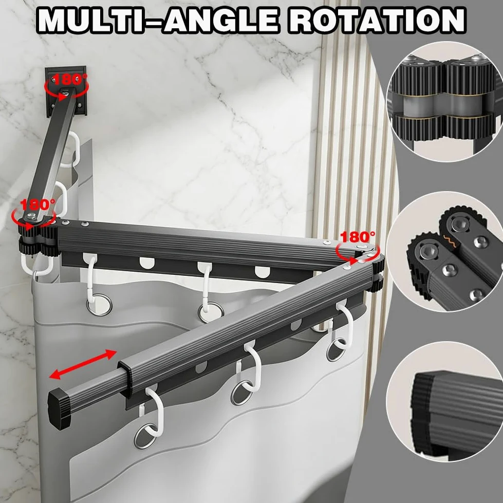Tringle à Rideau de Douche en L, Modèle à Ventouses Sans Perçage, Rétractable à 3 Volets avec Étagère à Linge, pour Salle de Bain et Baignoire