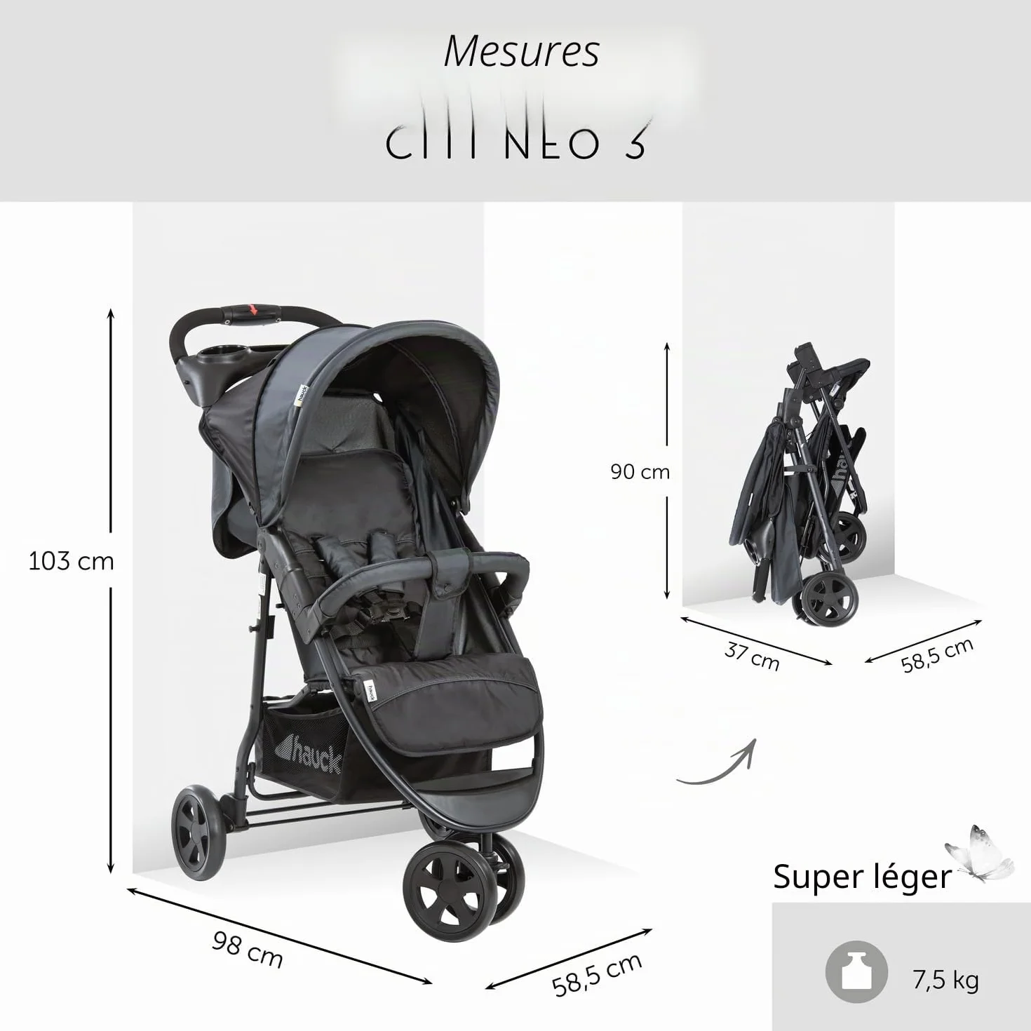 Hauck Poussette Compacte 3 Roues Citi Neo II, Pliable à 1 Main, Légère 7,3 kg, Noir