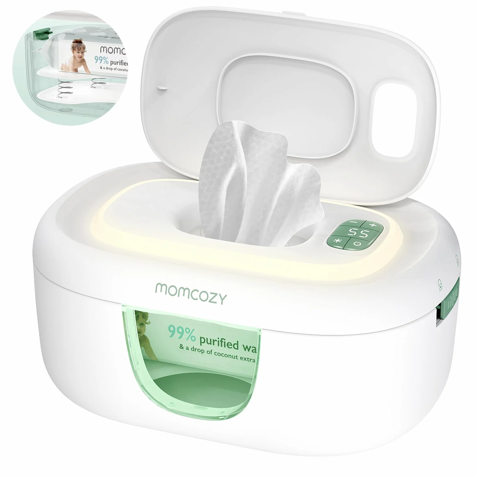Momcozy Chauffeur de Lingettes Bébé – Design à ressort, grande capacité, chauffage rapide uniforme, 4 températures et veilleuse
