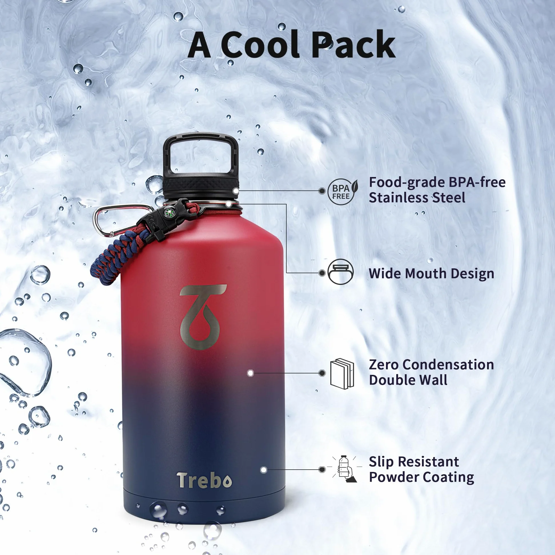Trebo Bouteille d'eau isotherme de 3,8 l avec poignée en paracorde et paille, grande carafe sous vide en acier inoxydable à triple paroi sous vide, garde la glace froide 48 heures, gourde de sport