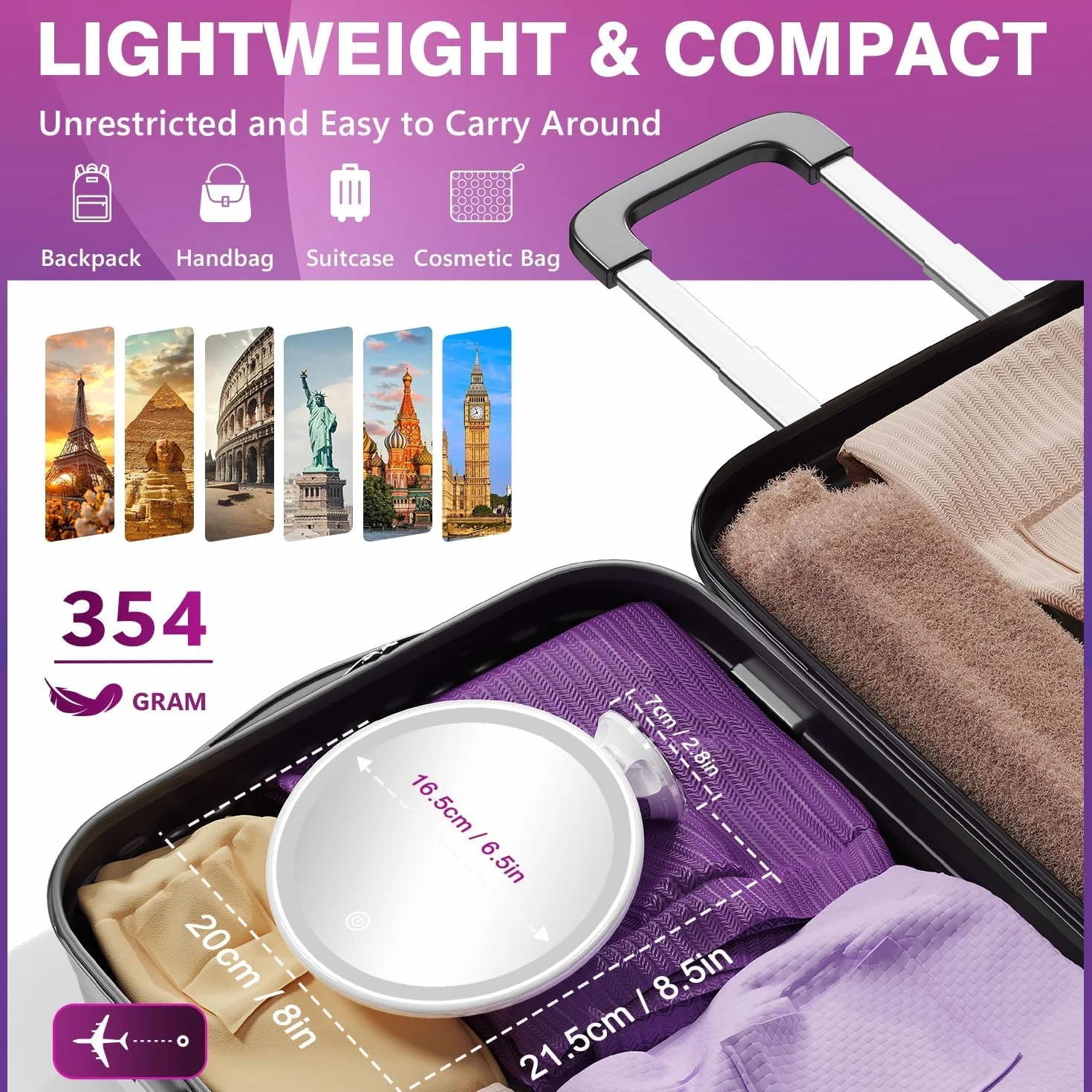 Auxmir Miroir Grossissant 30x Lumineux Rechargeable 3 Modes LED Ventouse Ajustable 360° sans Fil Cosmétique Portable Salle de Bain