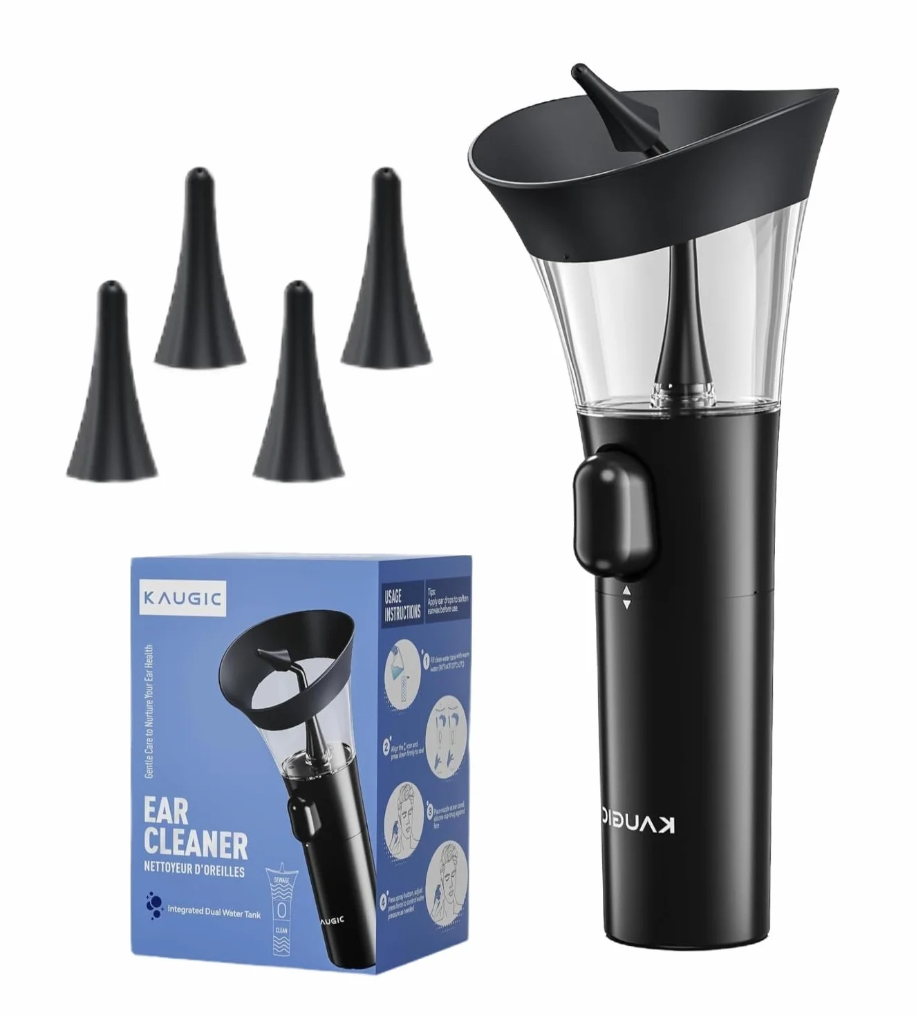 KAUGIC Nettoyeur de Cérumen Manuel avec Pression d'Eau 7m, 4 Embouts Silicone, Réservoir Intégré