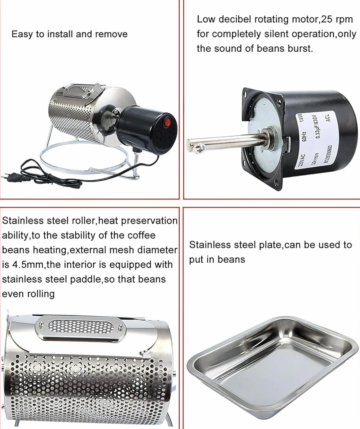 Torréfacteur de Grains de Café en Acier Inoxydable, Domestique, Capacité 100-250g, Fenêtre Visible, Plateau Inox, Chauffage Uniforme