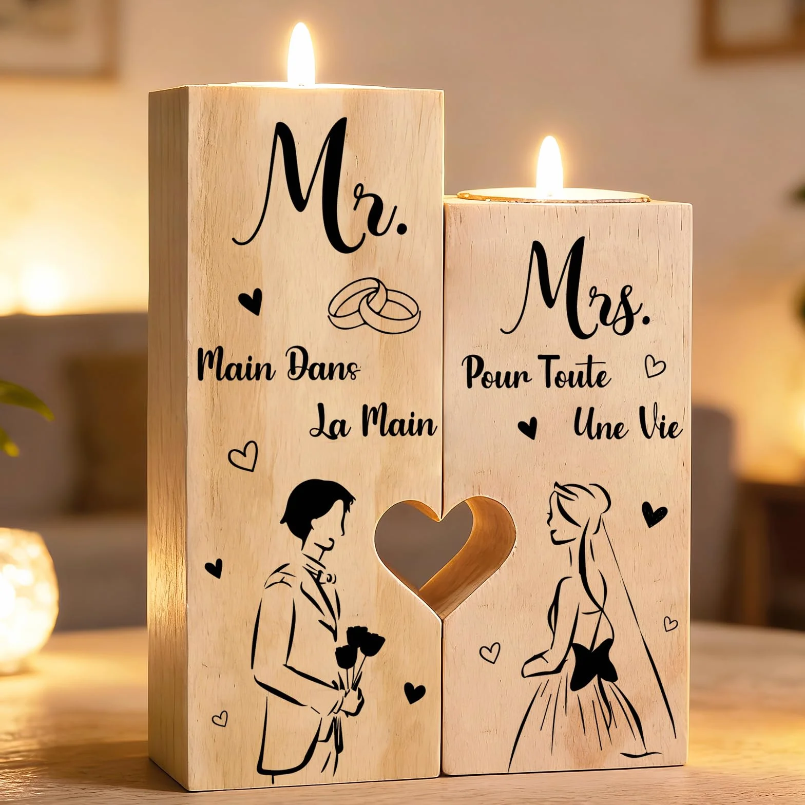 Cadeau Mariage Personnalisé - Mr Mrs Candélabre en Bois pour Couple Marié