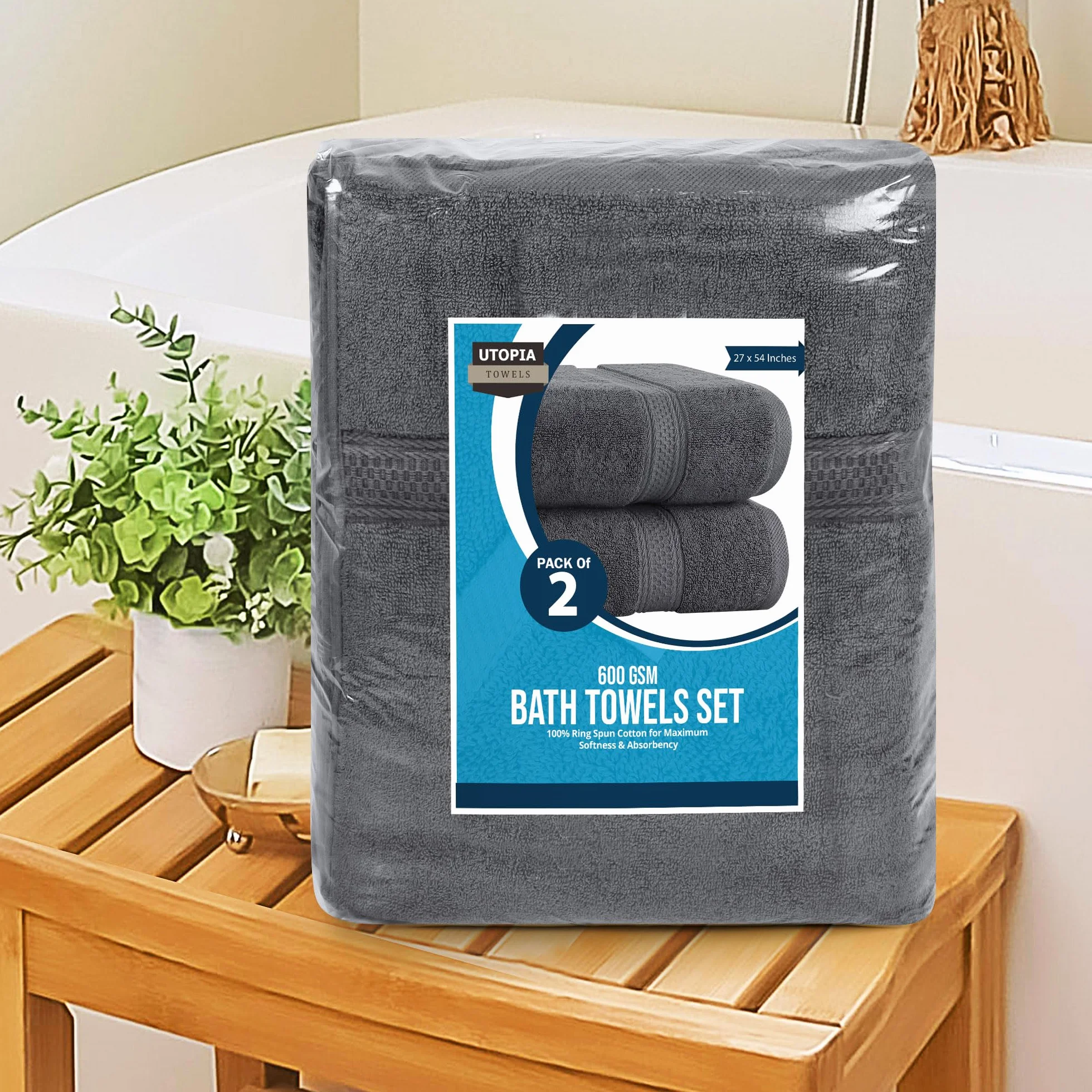 Serviettes de Bain Utopia Lot de 4 (69x137 cm) 100% Coton filé à l'anneau Gris