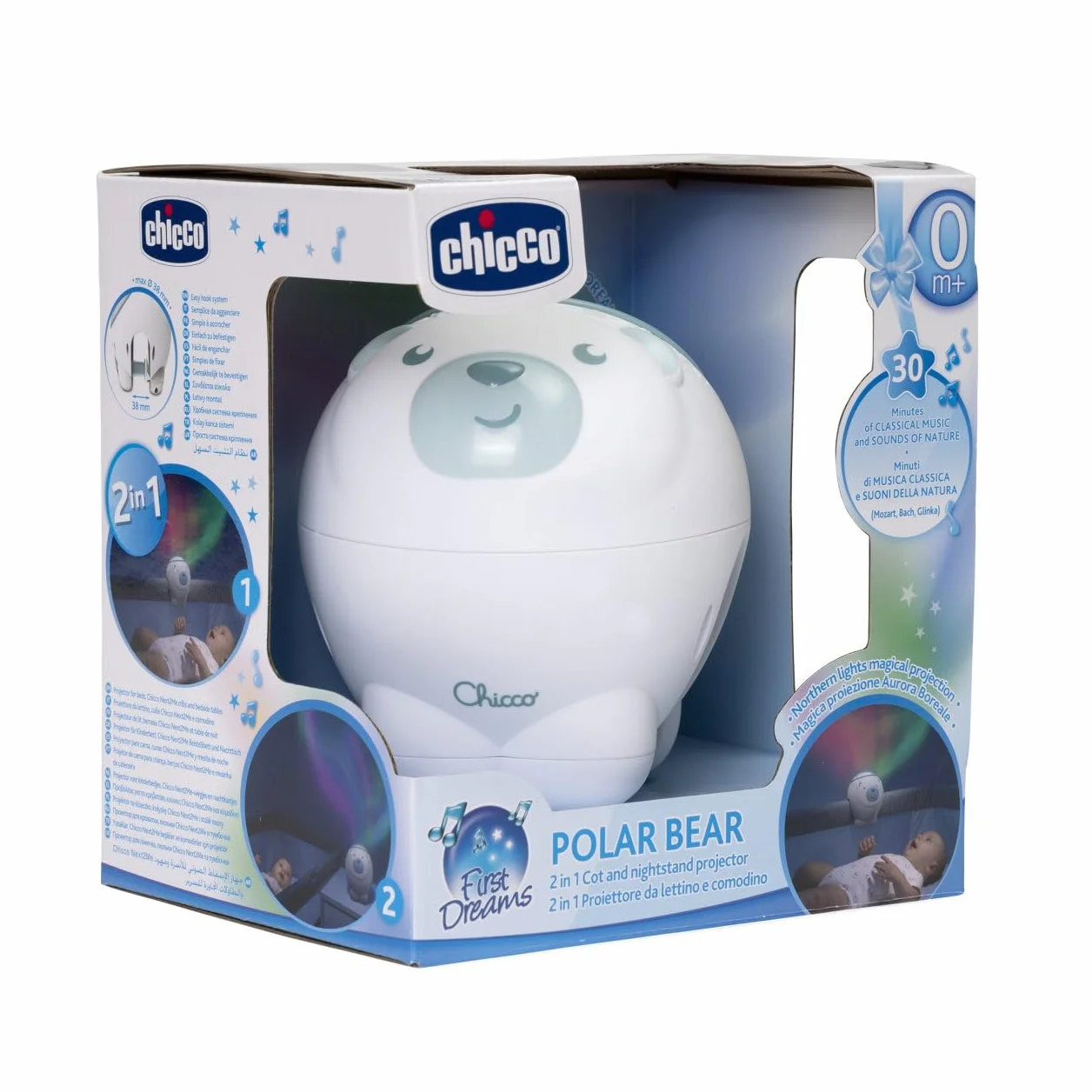Projecteur 2en1 Ours Polaire First Dreams Veilleuse Enfants Aurore Boréale Musique Classique Sons Nature Bébé Bleu