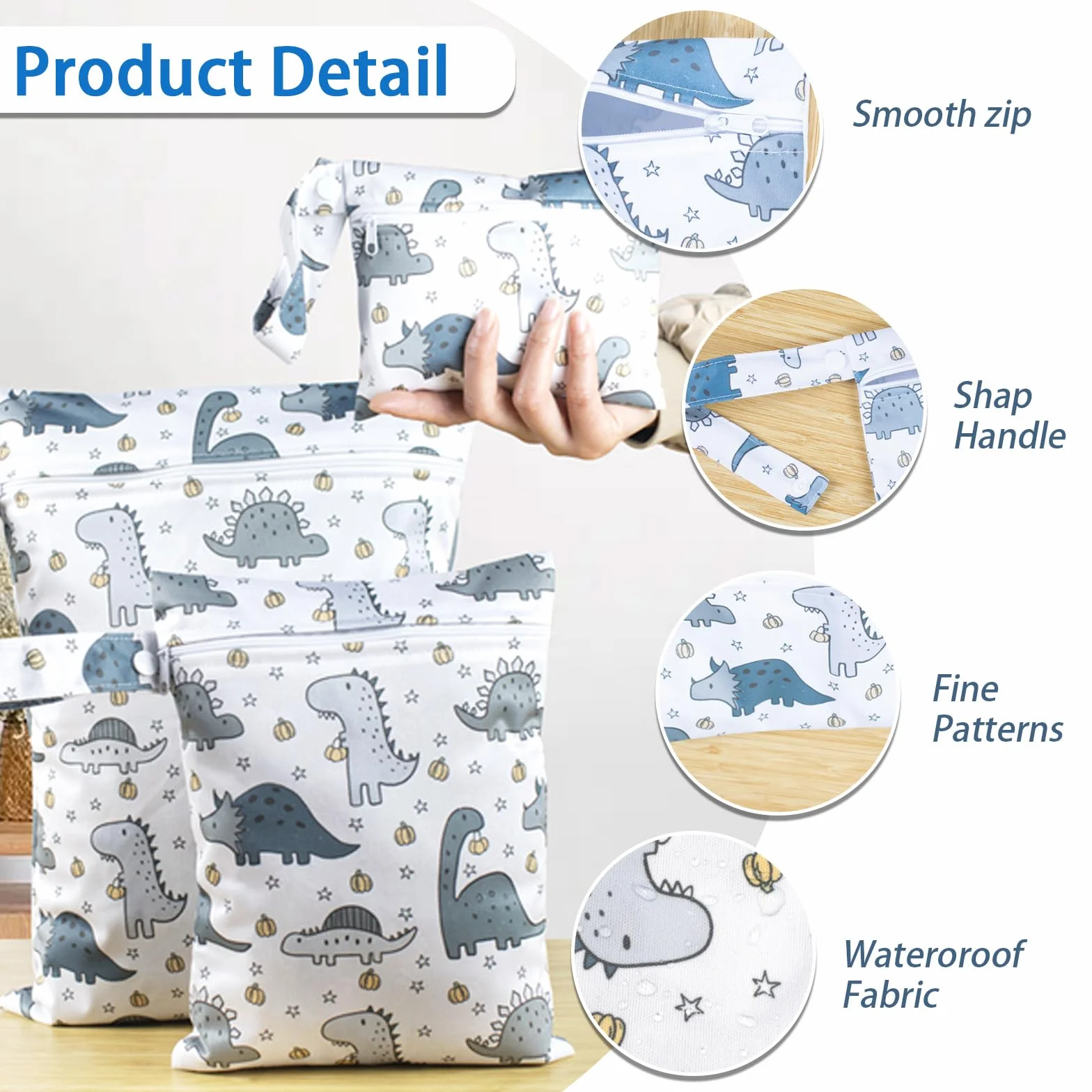 Sacs à Couches Lavables Dinosaures 3 Pièces, Sac Étanche Couche Bébé, Pochette Humide et Sèche Réutilisable