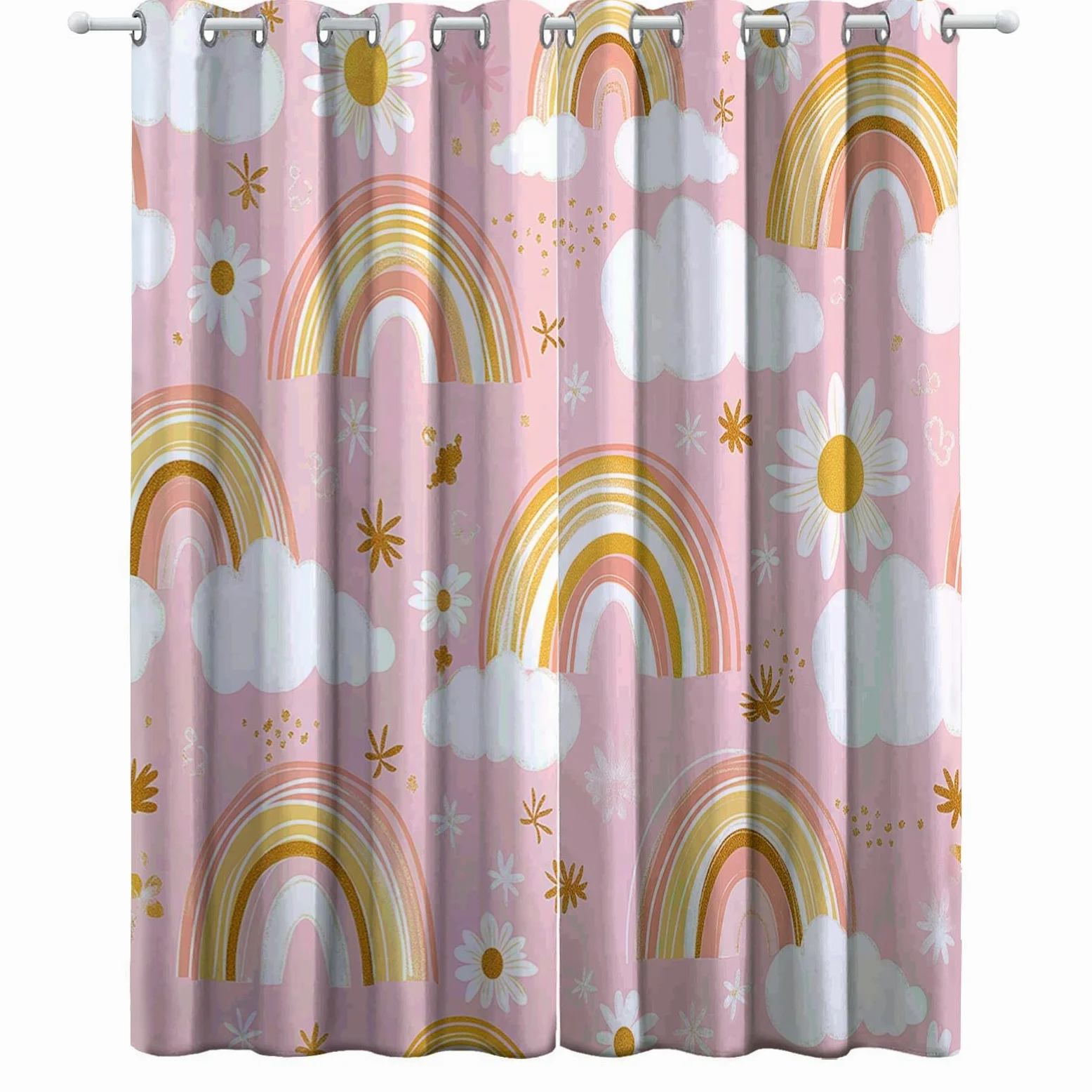 Générique Rideaux Occultants Nuages Arc en Ciel Plantes Fleurs, Rideaux Imprimé Isolant Thermique Anti Froid - Draperies Polyester Oeillet Rose pour Chambre Salon Décoration Lot de 2 110L x 215H cm