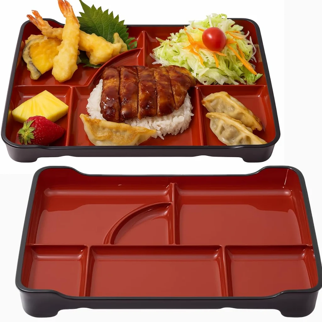 JapanBargain 1590, Lot de 2 boîtes à bento japonaises traditionnelles en plastique laqué 6 compartiments pour restaurant ou maison, couleur rouge et noir, 35,6 x 23,5 cm, fabriquées au Japon
