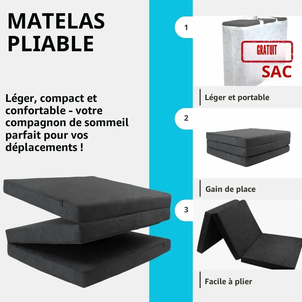 FORTISLINE Matelas Pliant 3 Parties 180 x 65 x 7 cm, Gris Motif - Matelas d’appoint Pliable pour invité, Voyage et Camping, Housse Lavable