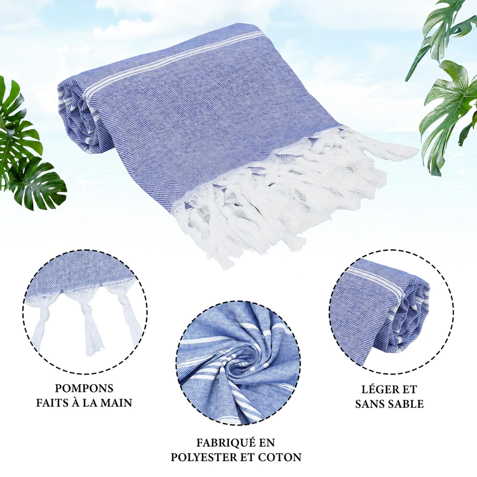 Lot de 6 Serviettes de Plage Fouta en Coton, 90 x 180 cm, avec Franges | Draps de Bain Légers à Séchage Rapide pour Vacances, Piscine, Camping, Spa, Hammam et Salle de Bain